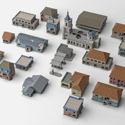 Low Poly Colonial Town Buildings Pack