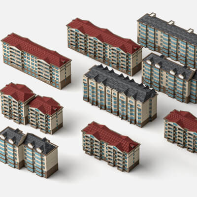 Low Poly European Style Residential Apartment Buildings Pack