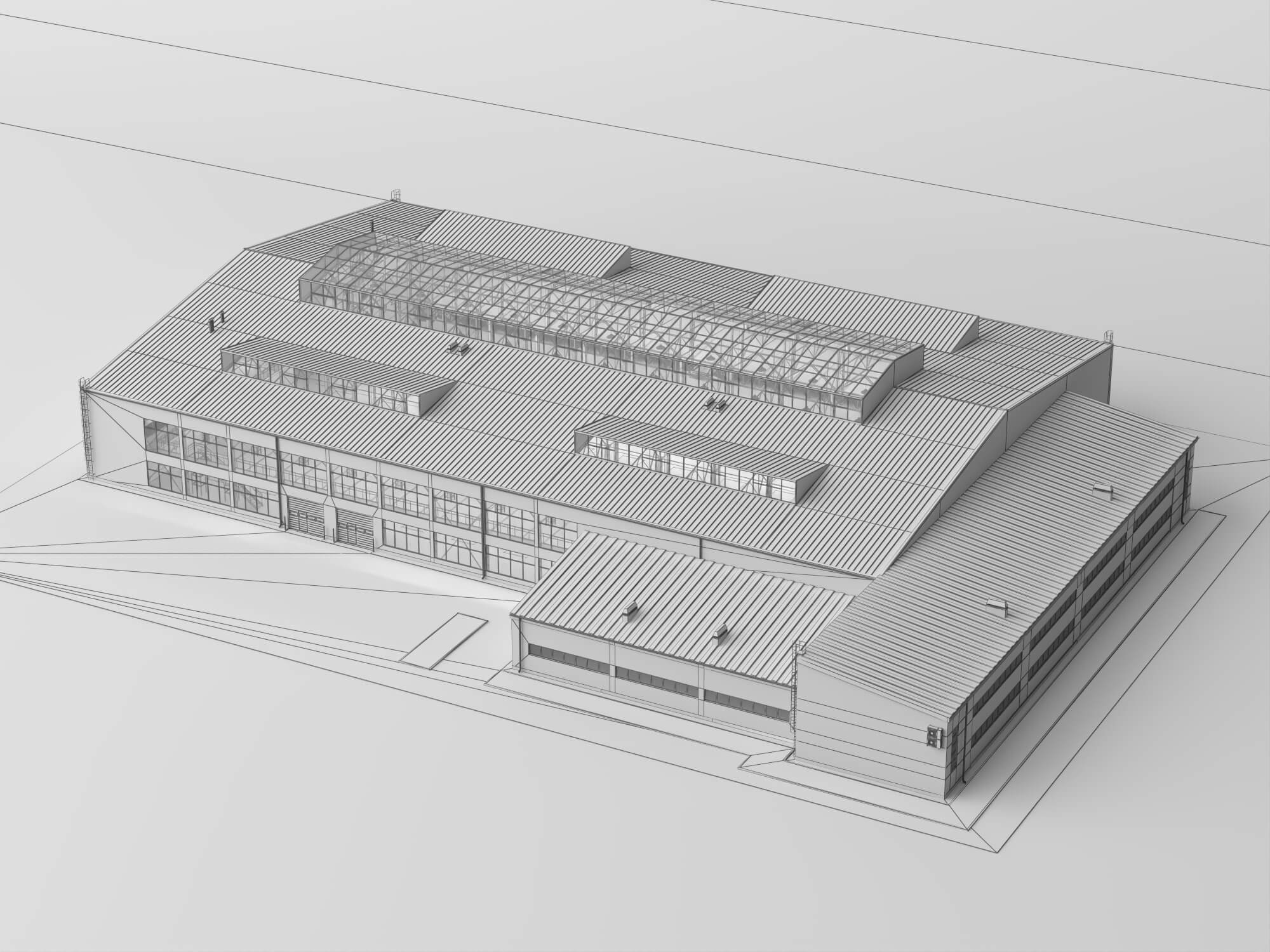 Low Poly Large Industrial Factory Warehouse Building 3D Model