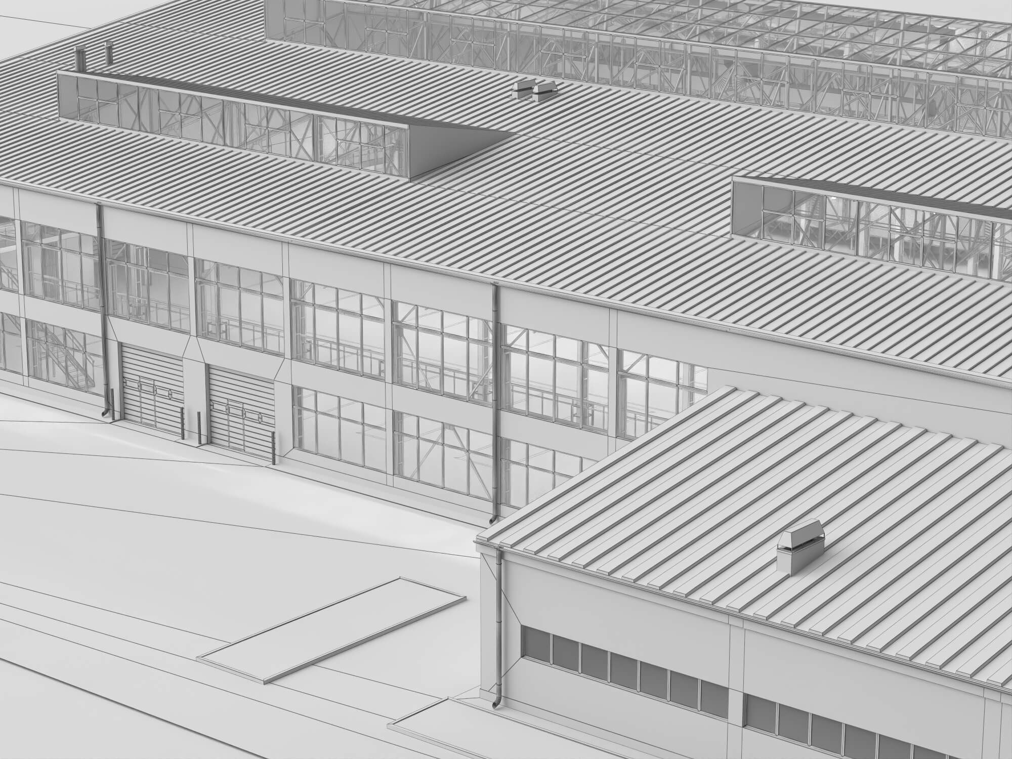 Low Poly Large Industrial Factory Warehouse Building 3D Model