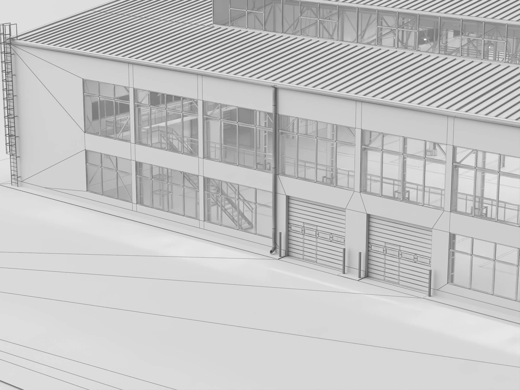 Low Poly Large Industrial Factory Warehouse Building 3D Model