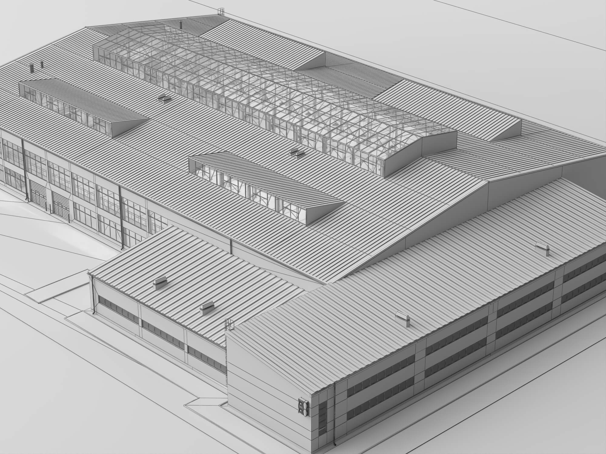 Low Poly Large Industrial Factory Warehouse Building 3D Model