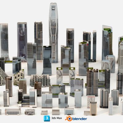 Low Poly Modern Skyscraper City Buildings Pack