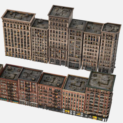 Low Poly Old Manhattan Brick City Buildings Pack 3D Model
