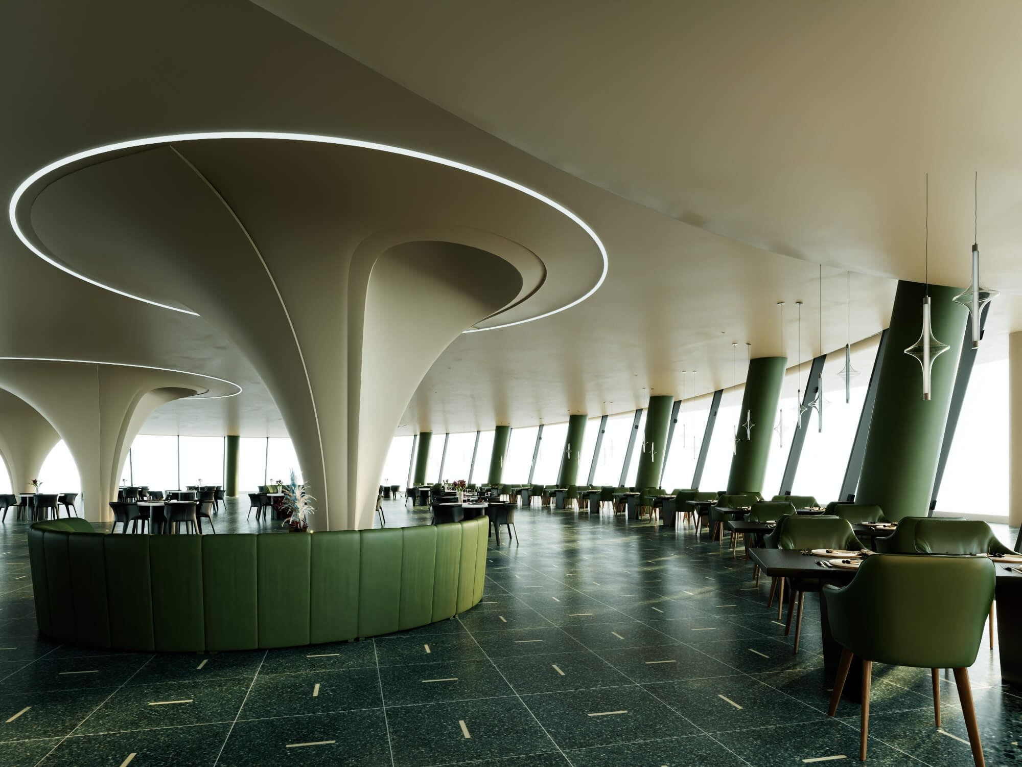 Modern Curved Fine Dining Restaurant Interior Scene 3D Model