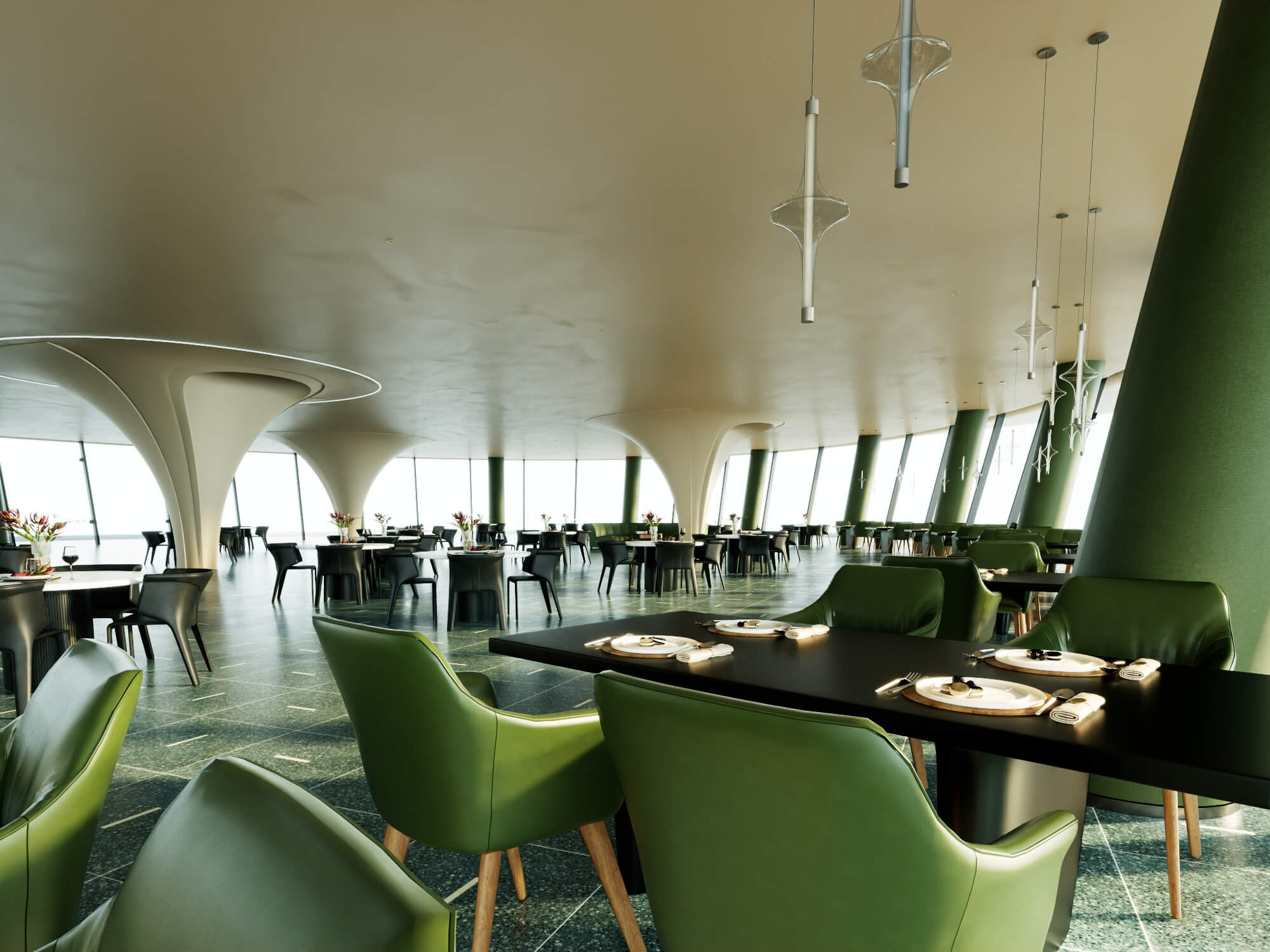 Modern Curved Fine Dining Restaurant Interior Scene 3D Model