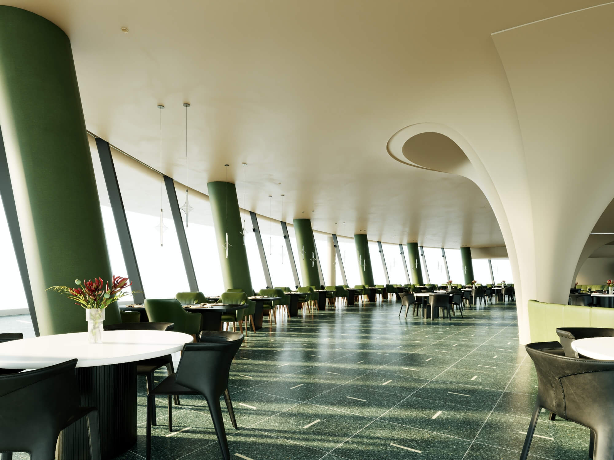 Modern Curved Fine Dining Restaurant Interior Scene 3D Model