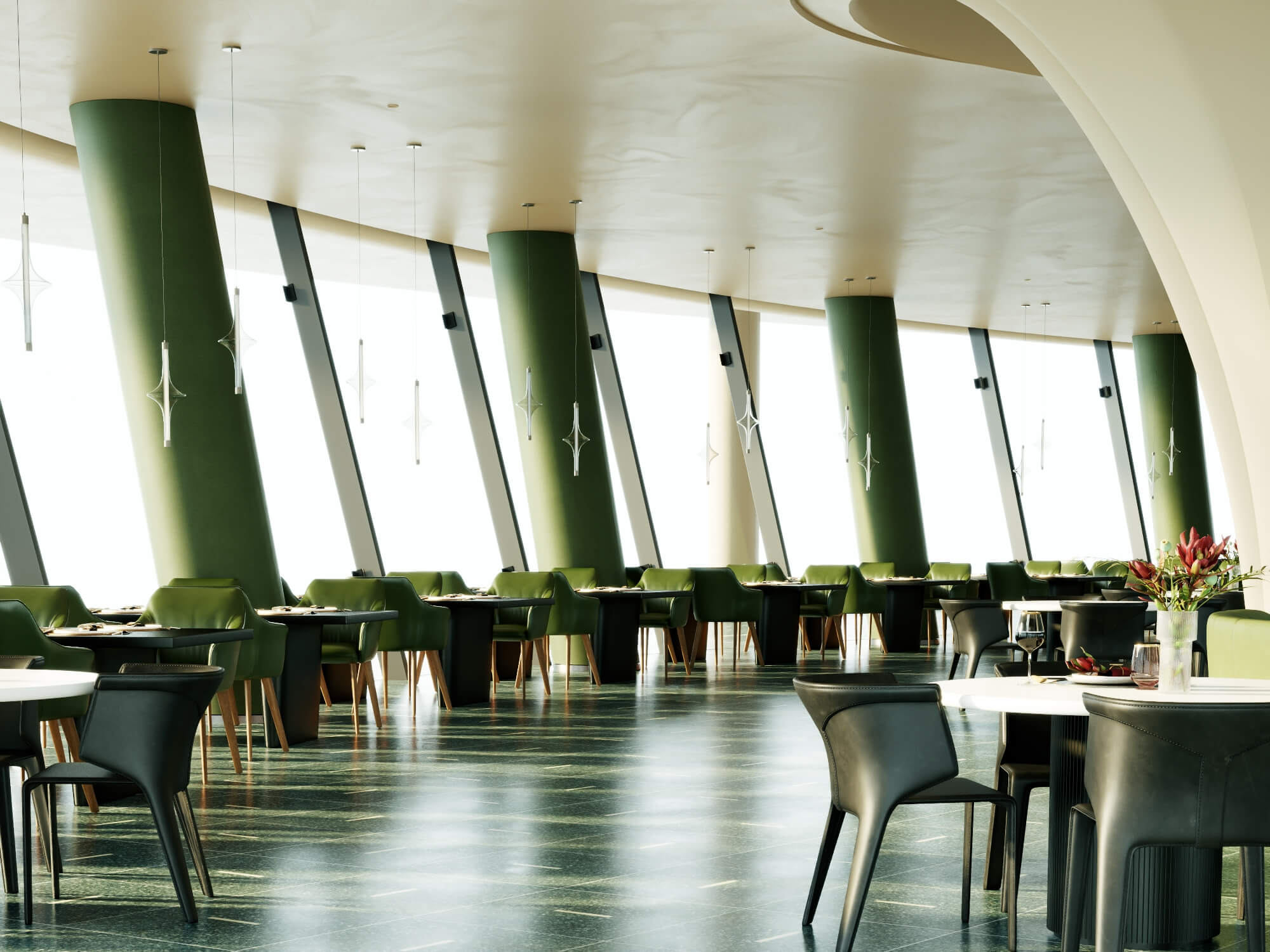 Modern Curved Fine Dining Restaurant Interior Scene 3D Model