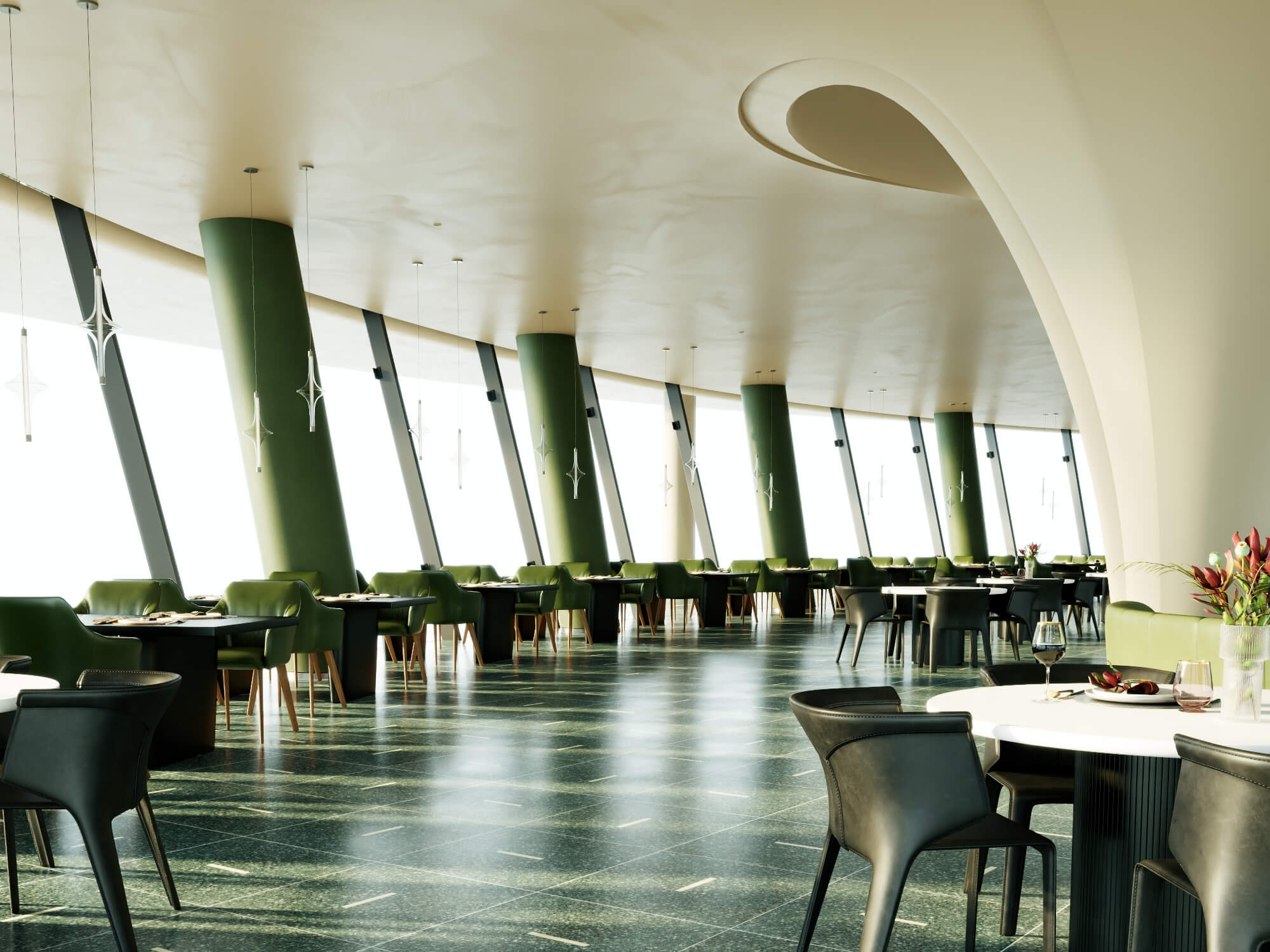 Modern Curved Fine Dining Restaurant Interior Scene 3D Model