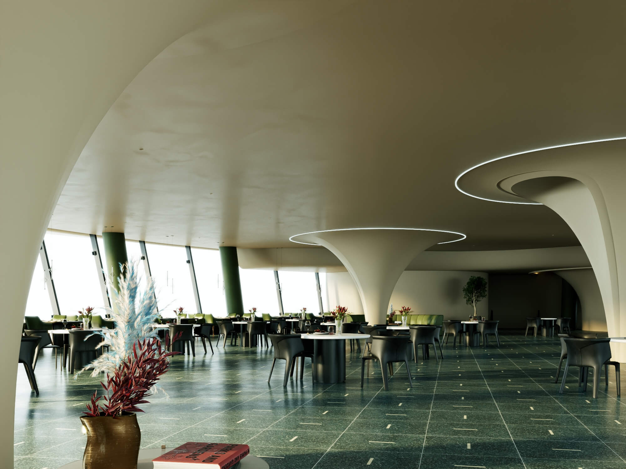 Modern Curved Fine Dining Restaurant Interior Scene 3D Model