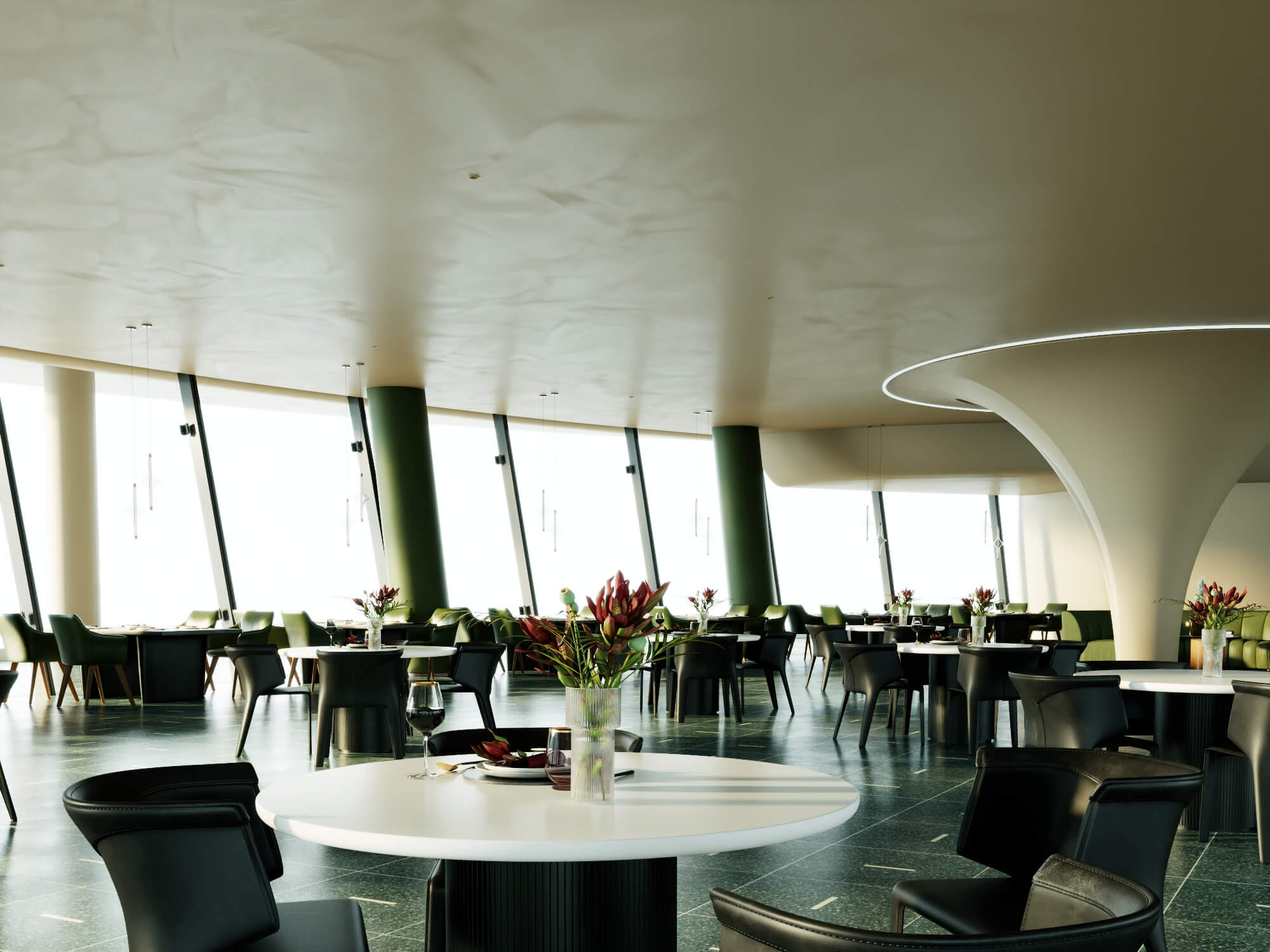 Modern Curved Fine Dining Restaurant Interior Scene 3D Model
