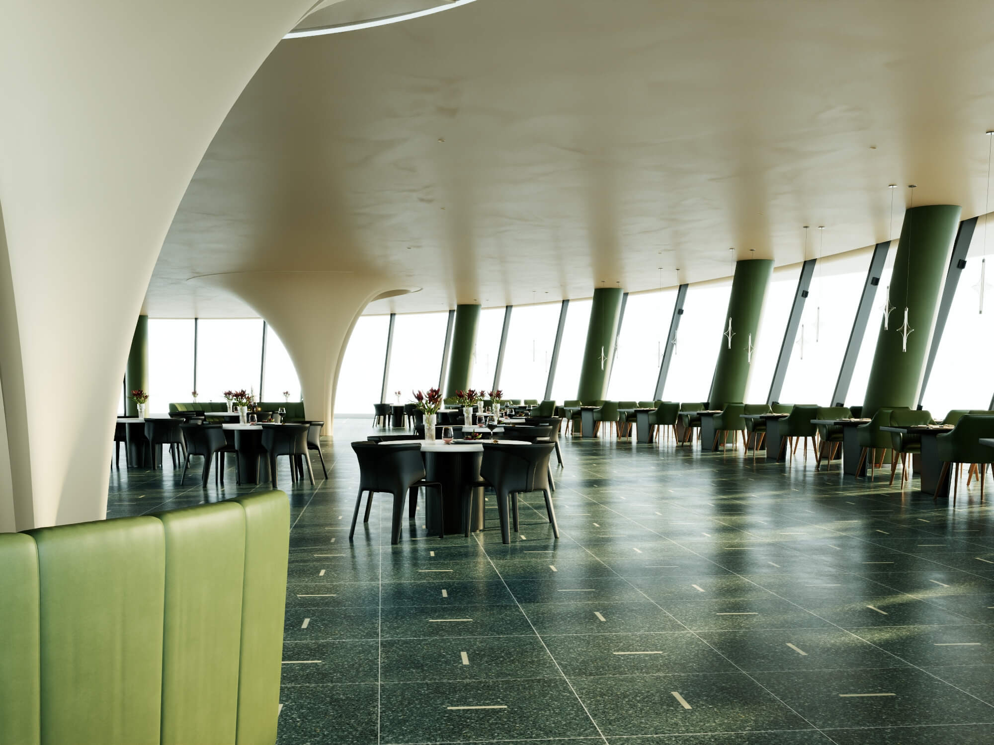 Modern Curved Fine Dining Restaurant Interior Scene 3D Model