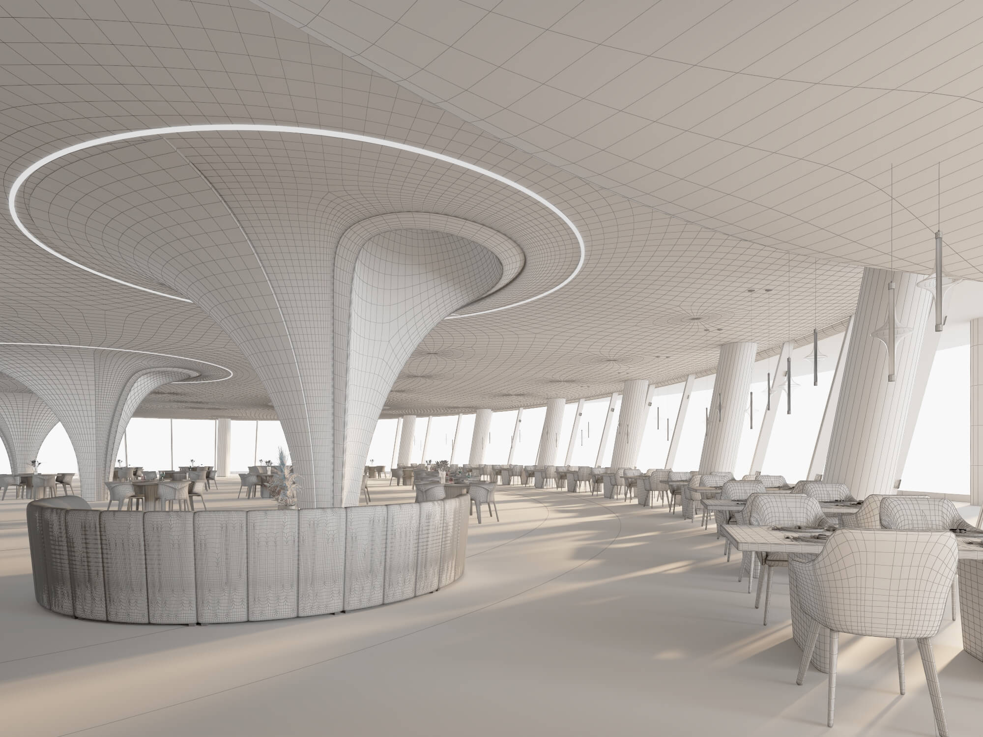 Modern Curved Fine Dining Restaurant Interior Scene 3D Model