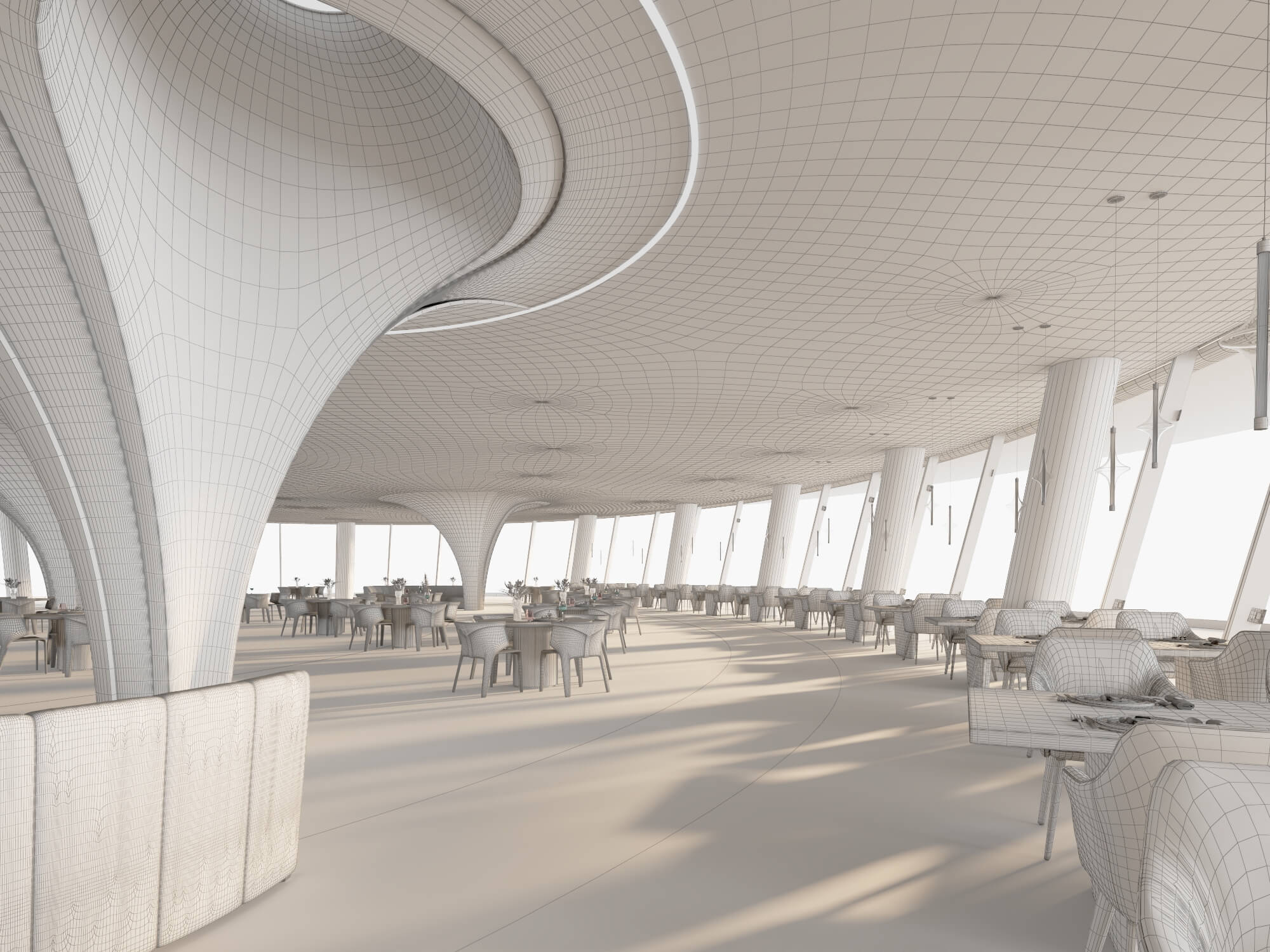 Modern Curved Fine Dining Restaurant Interior Scene 3D Model