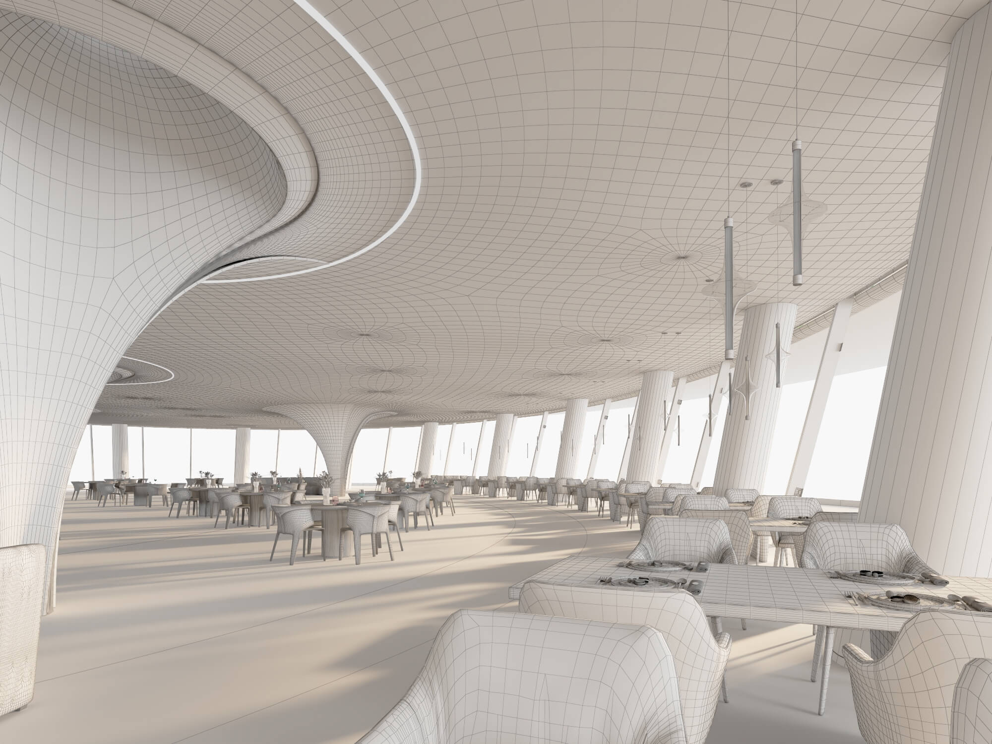Modern Curved Fine Dining Restaurant Interior Scene 3D Model
