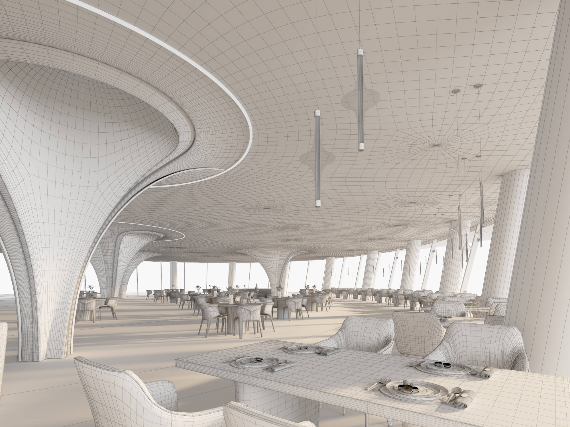 Modern Curved Fine Dining Restaurant Interior Scene 3D Model