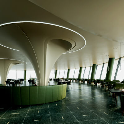 Modern Curved Fine Dining Restaurant Interior Scene