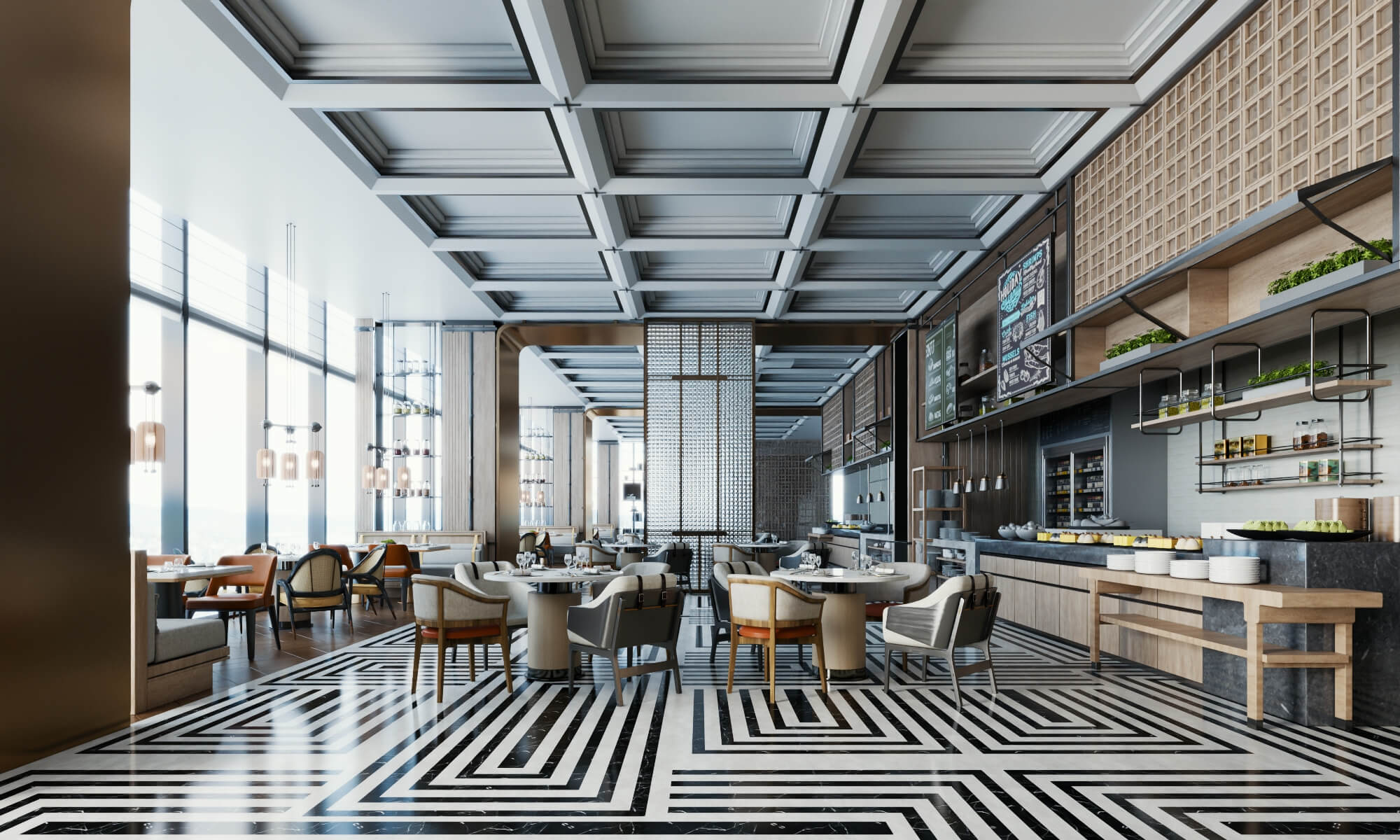 Modern Hotel Buffet Restaurant Interior Scene 3D Model