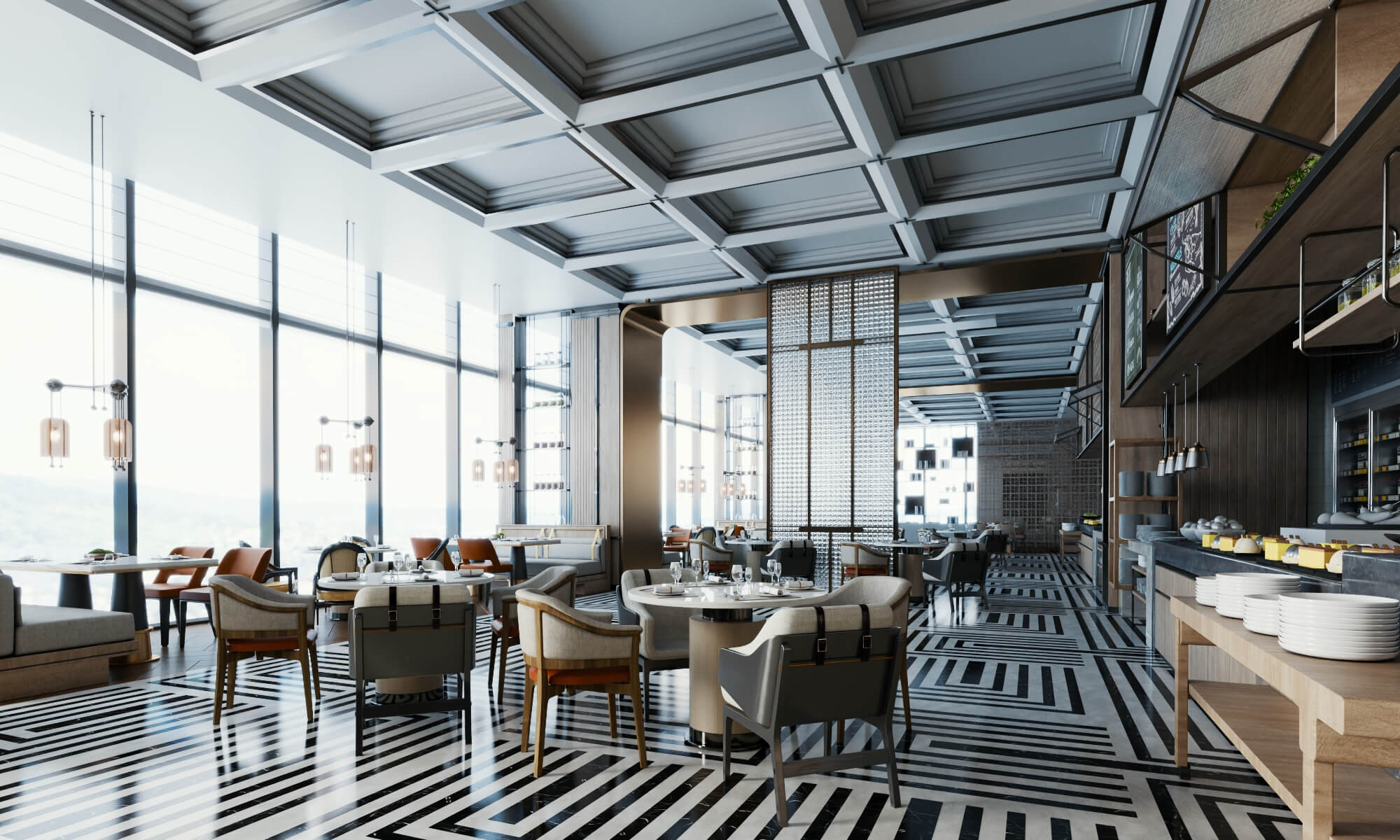 Modern Hotel Buffet Restaurant Interior Scene 3D Model