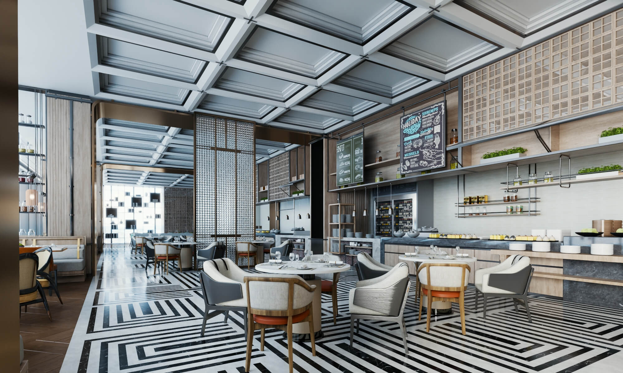 Modern Hotel Buffet Restaurant Interior Scene 3D Model