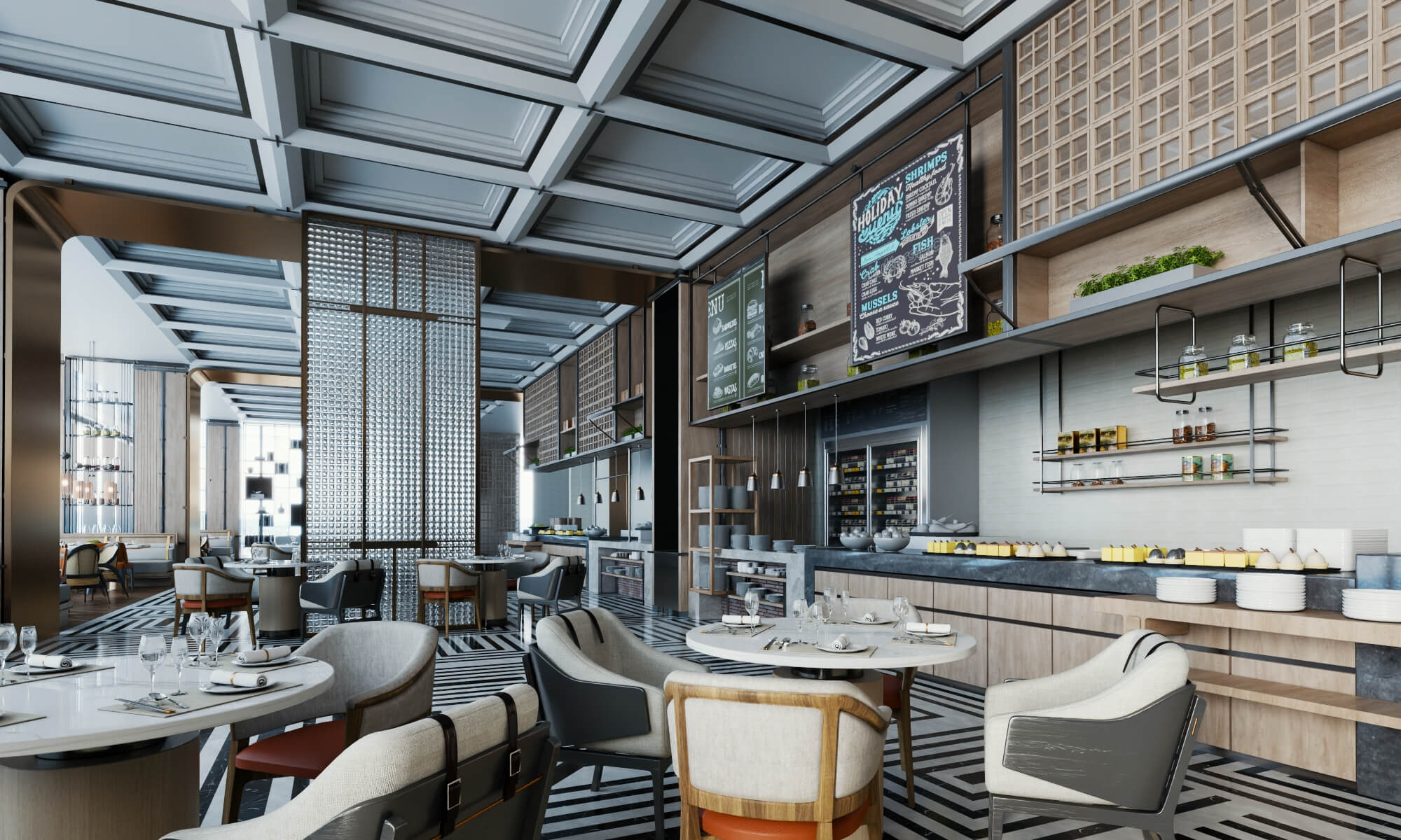 Modern Hotel Buffet Restaurant Interior Scene 3D Model