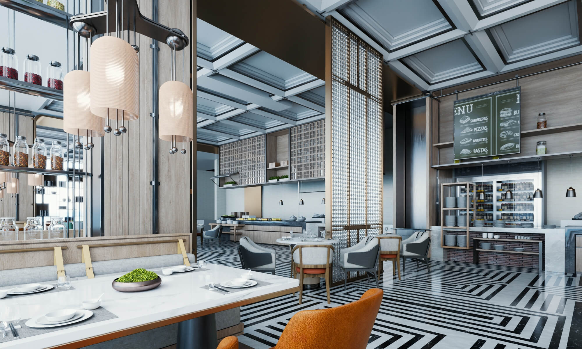 Modern Hotel Buffet Restaurant Interior Scene 3D Model