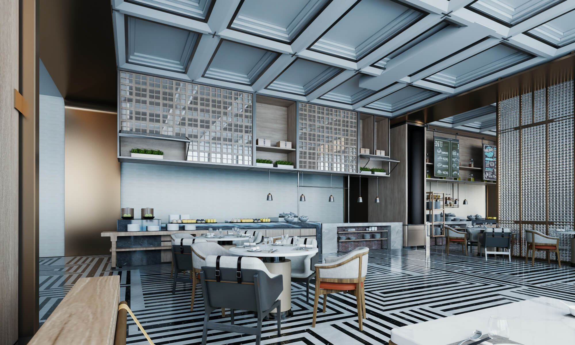 Modern Hotel Buffet Restaurant Interior Scene 3D Model