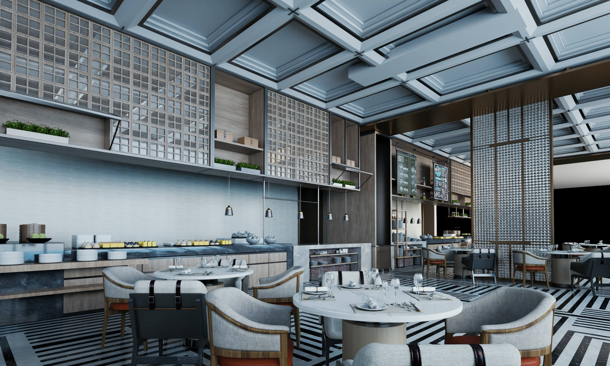 Modern Hotel Buffet Restaurant Interior Scene 3D Model