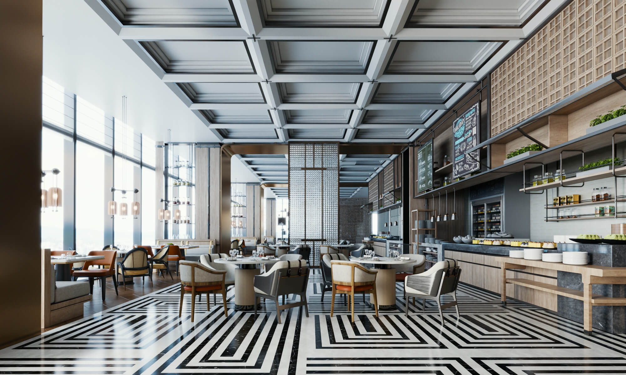 Modern Hotel Buffet Restaurant Interior Scene 3D Model