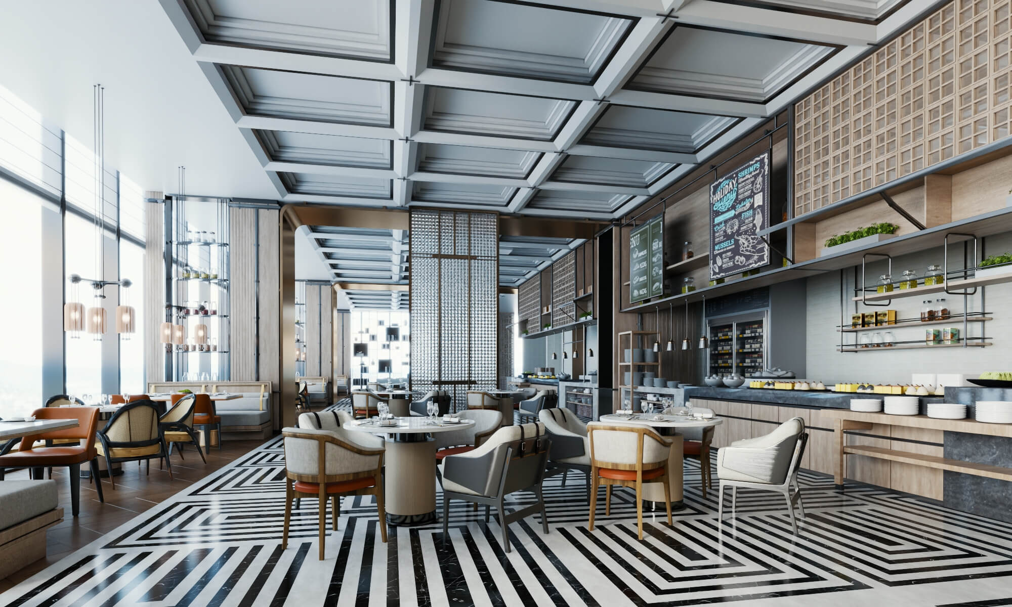 Modern Hotel Buffet Restaurant Interior Scene 3D Model