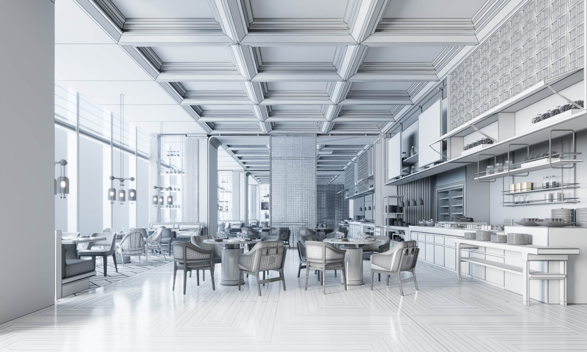Modern Hotel Buffet Restaurant Interior Scene 3D Model
