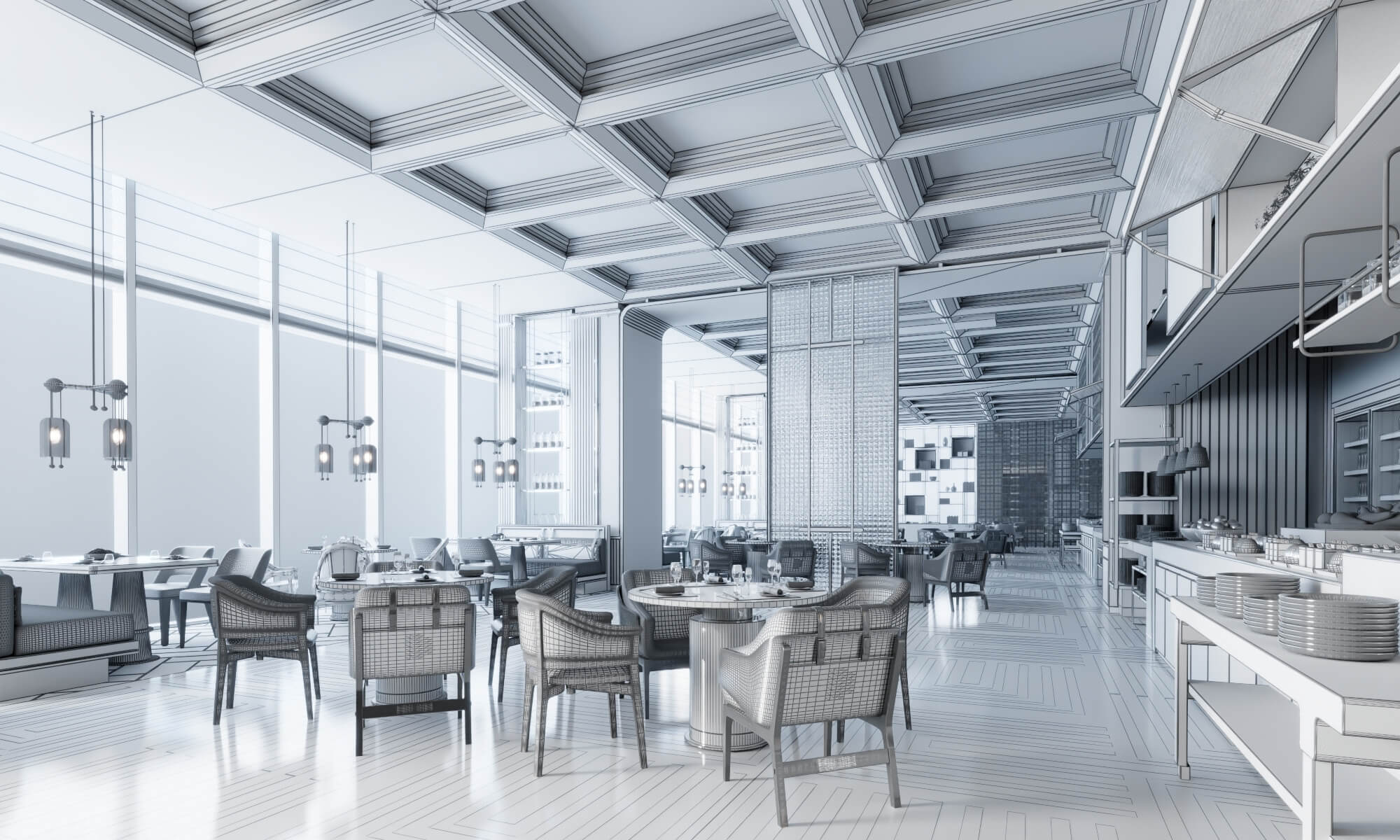 Modern Hotel Buffet Restaurant Interior Scene 3D Model