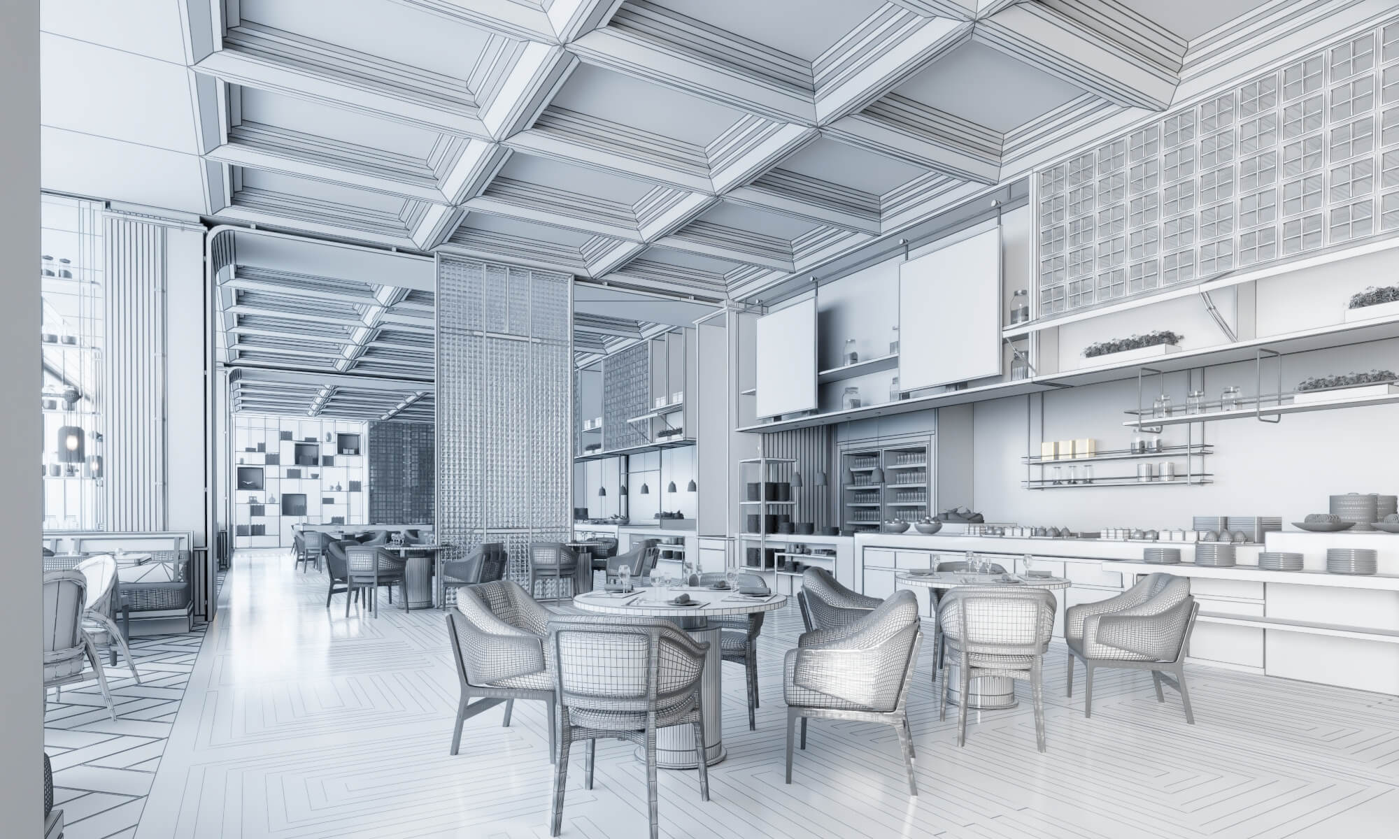 Modern Hotel Buffet Restaurant Interior Scene 3D Model