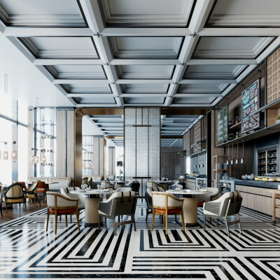 Modern Hotel Buffet Restaurant Interior Scene
