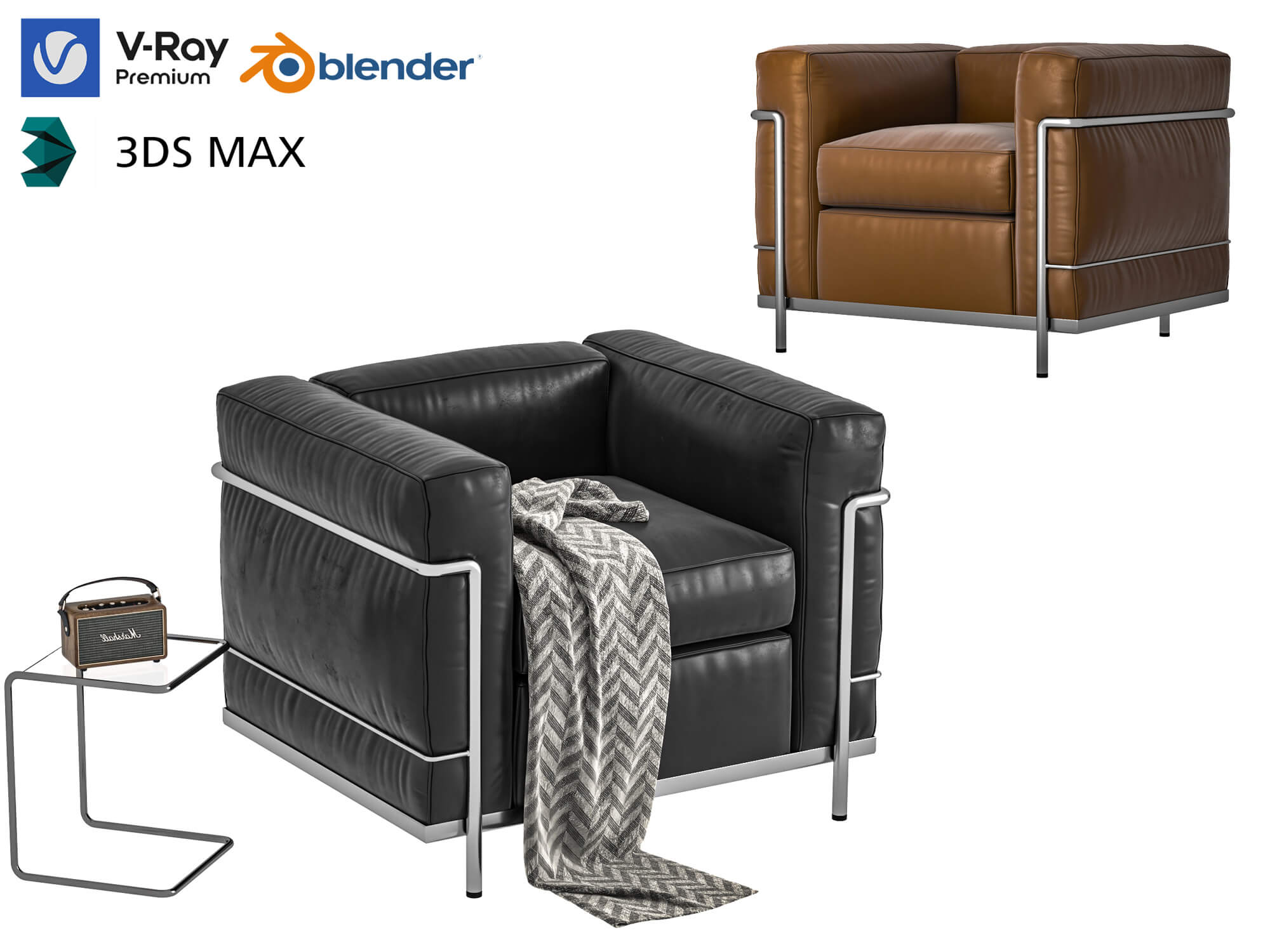 Modern Leather Armchair with Decor Props 3D Model