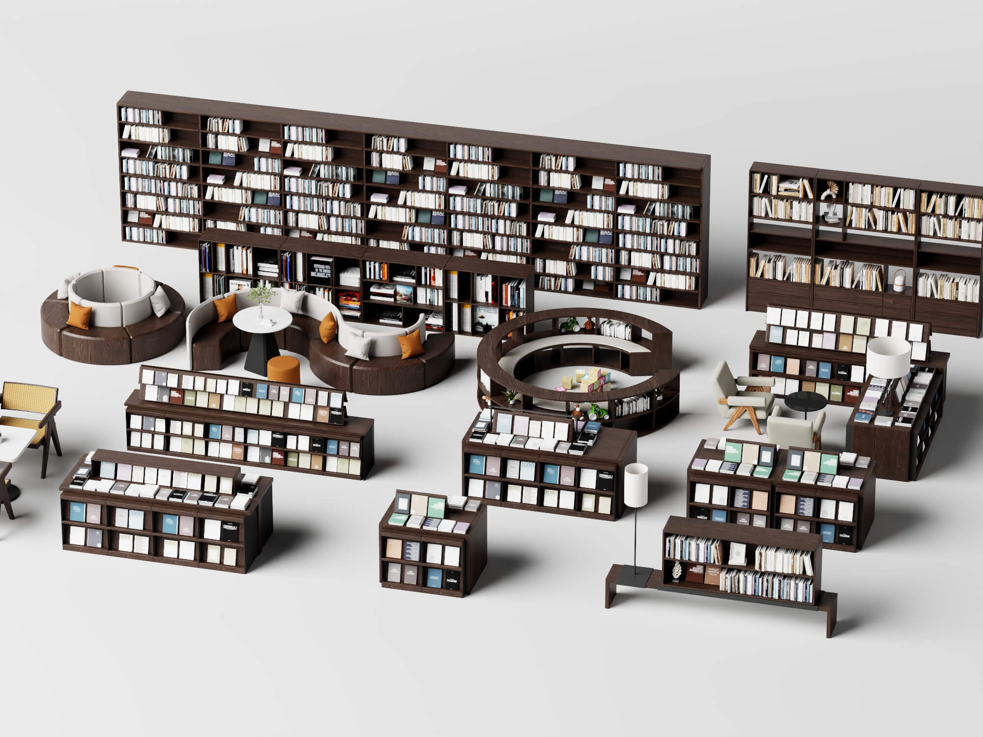 Modern Library Bookshelf and Reading Furniture Set 3D Model
