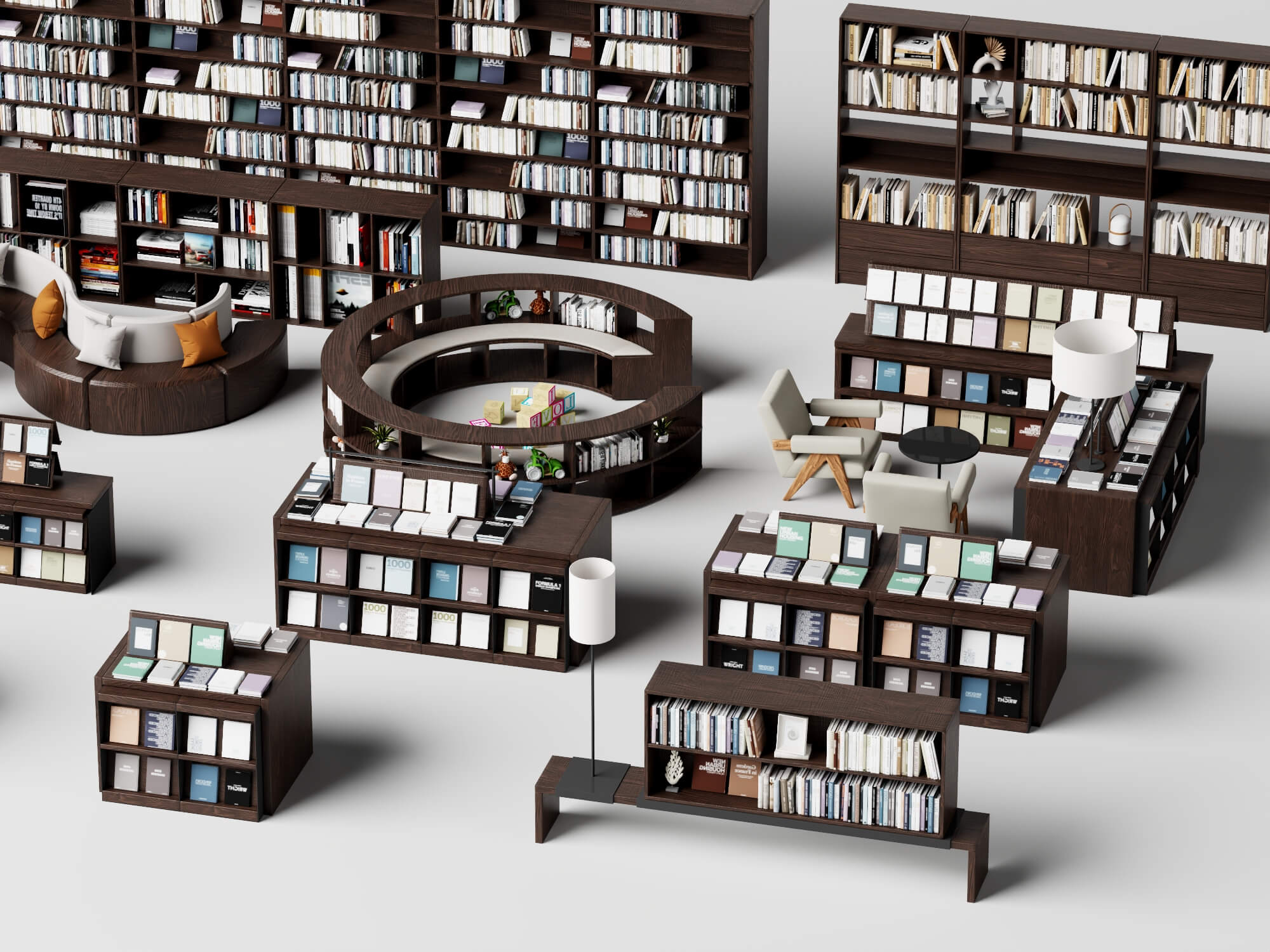 Modern Library Bookshelf and Reading Furniture Set 3D Model