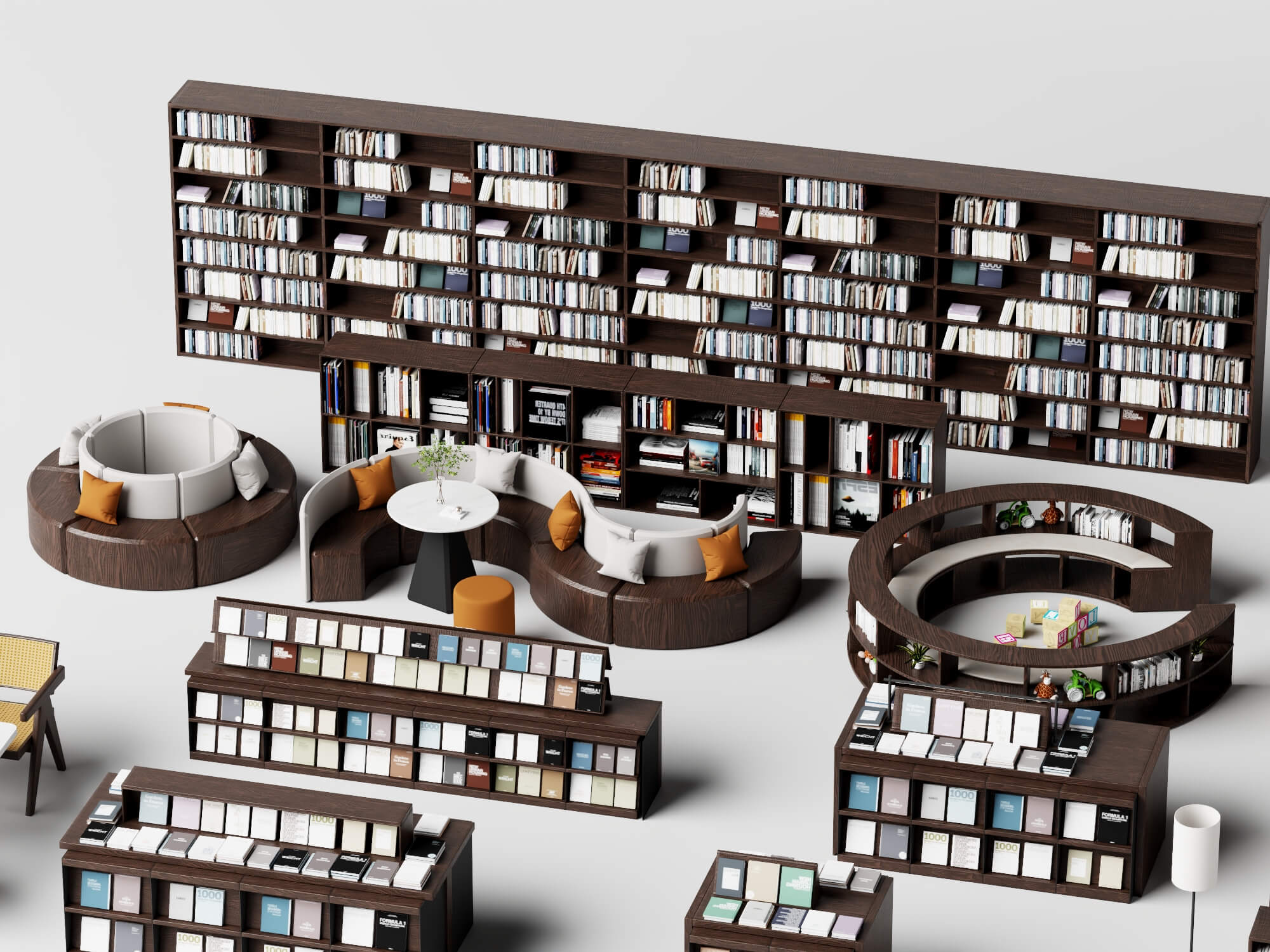 Modern Library Bookshelf and Reading Furniture Set 3D Model