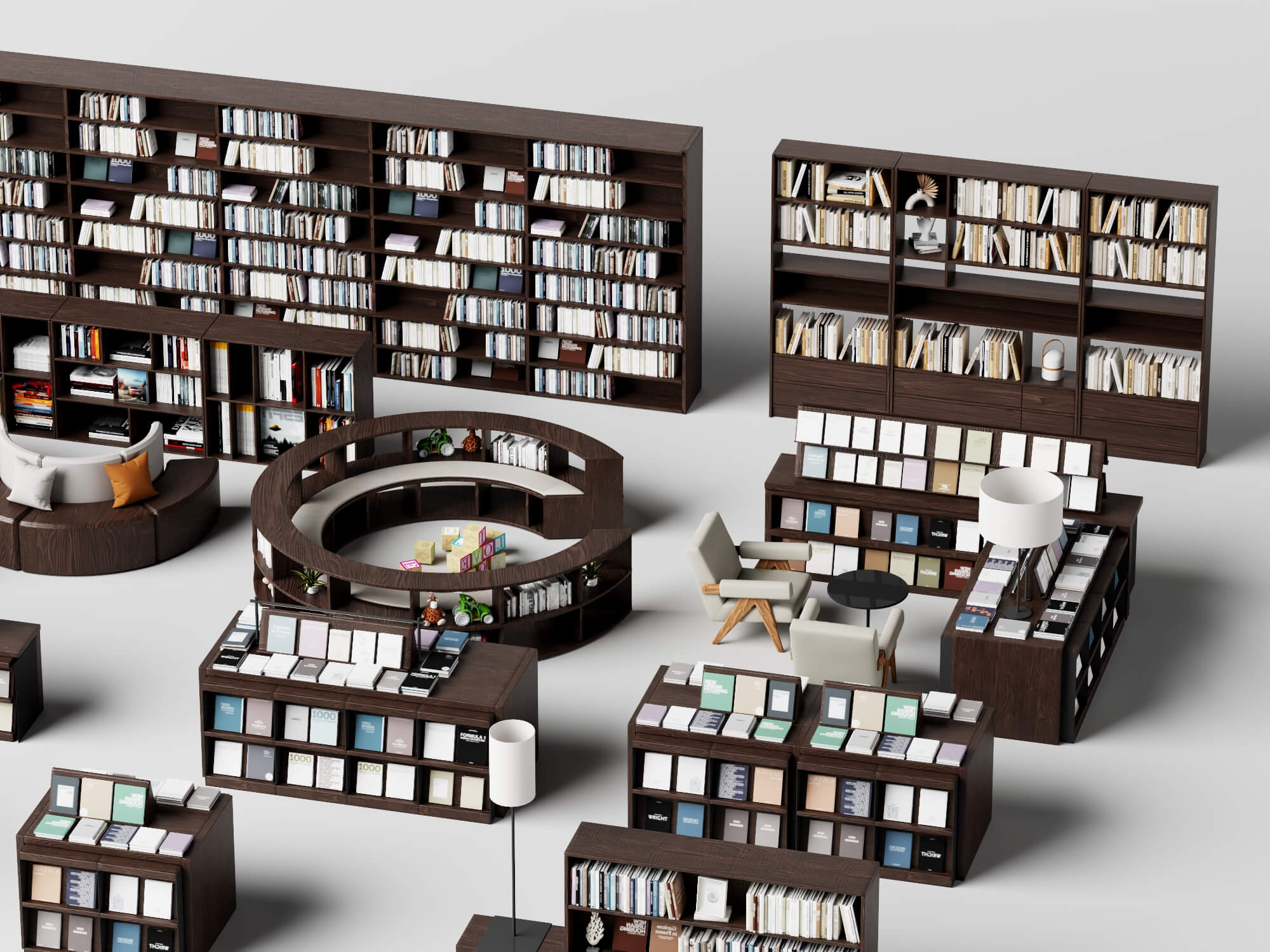 Modern Library Bookshelf and Reading Furniture Set 3D Model