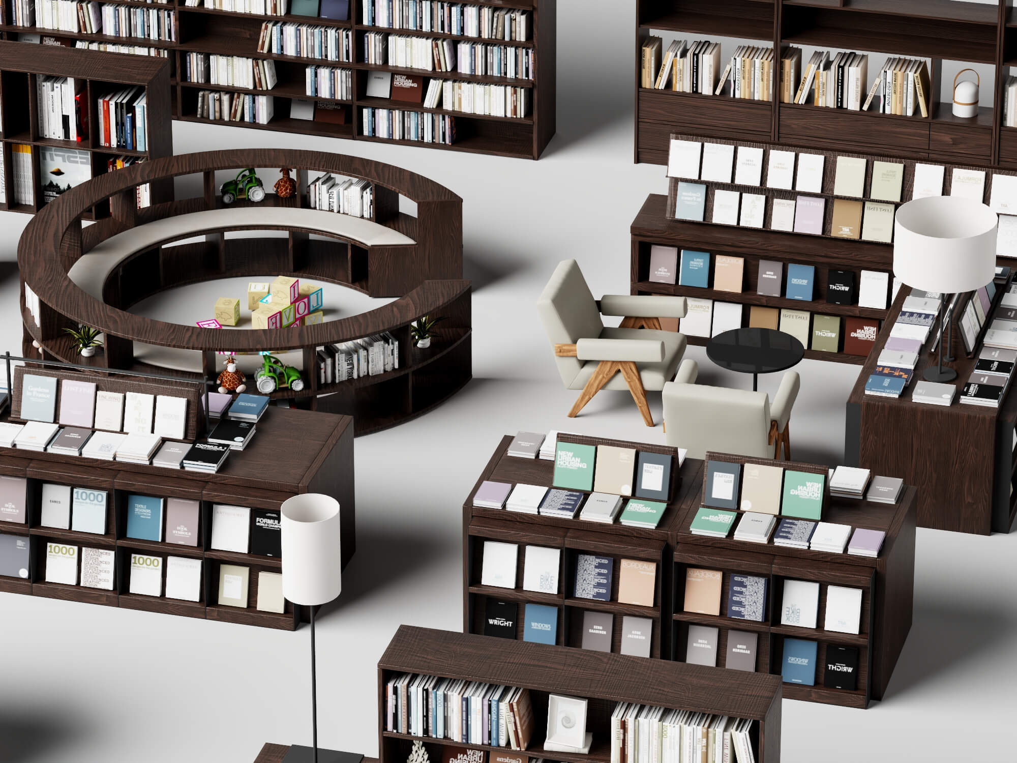 Modern Library Bookshelf and Reading Furniture Set 3D Model