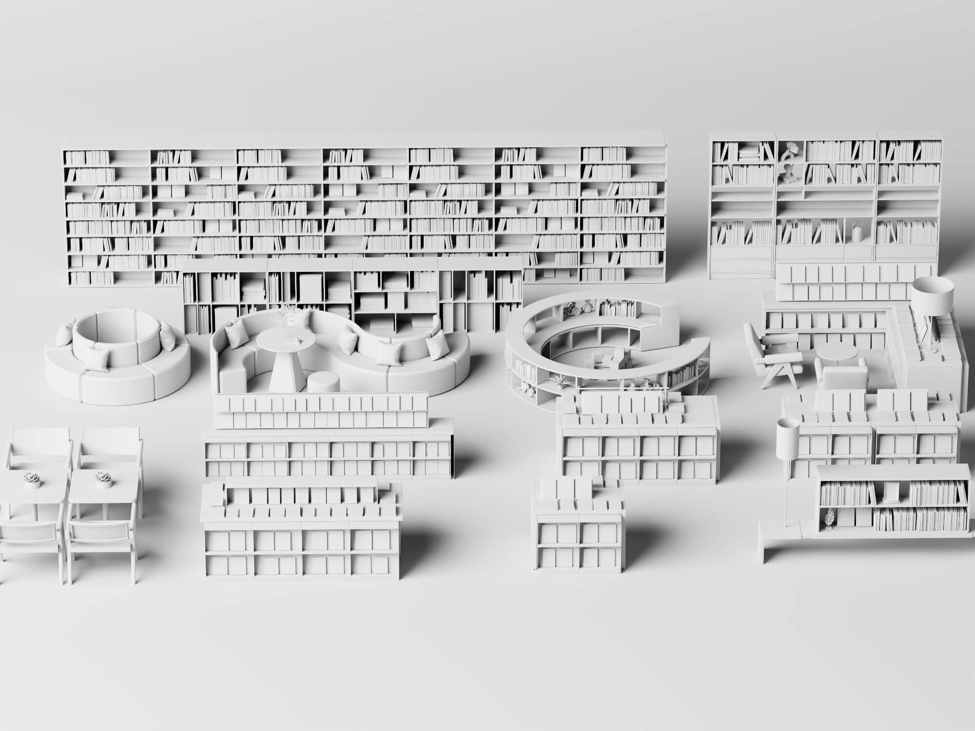 Modern Library Bookshelf and Reading Furniture Set 3D Model