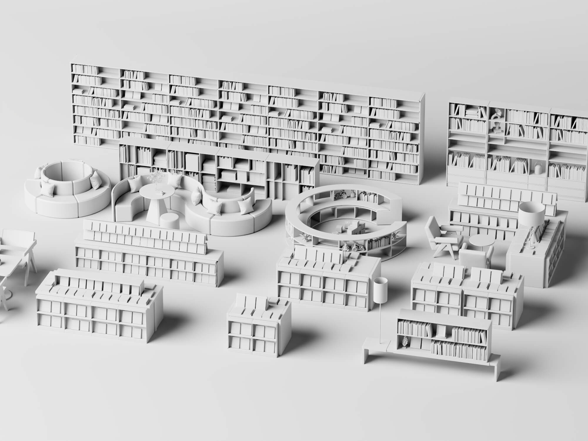Modern Library Bookshelf and Reading Furniture Set 3D Model