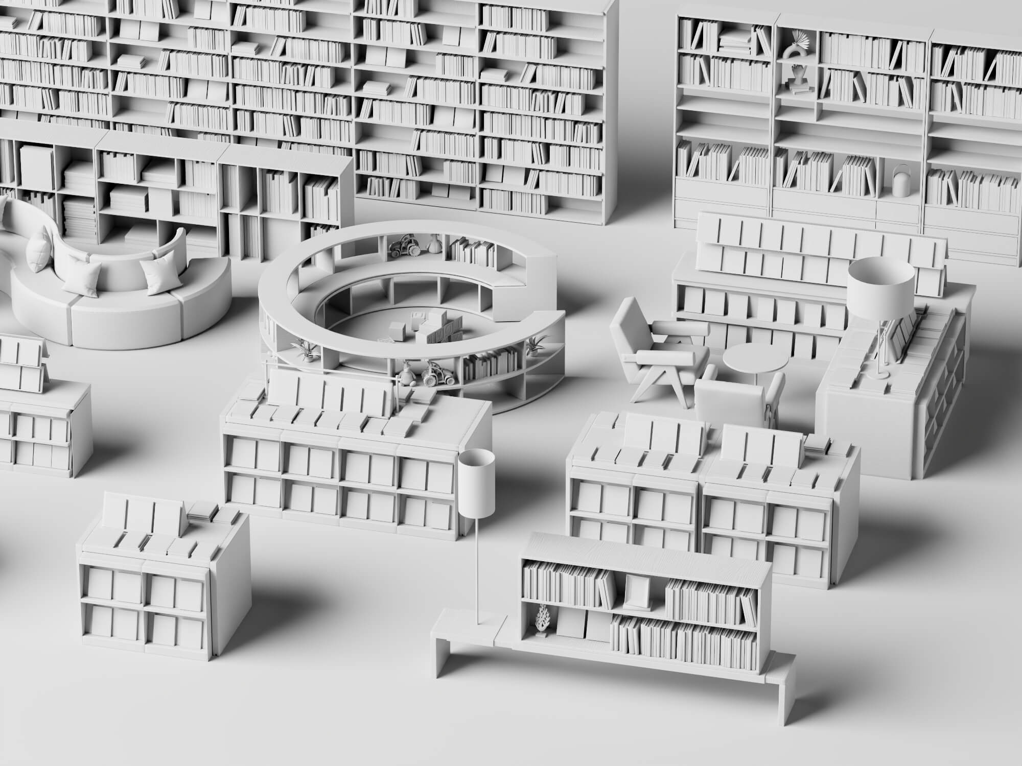 Modern Library Bookshelf and Reading Furniture Set 3D Model