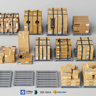 Pallet Cardboard Boxes Collection Lowpoly 3D Models
