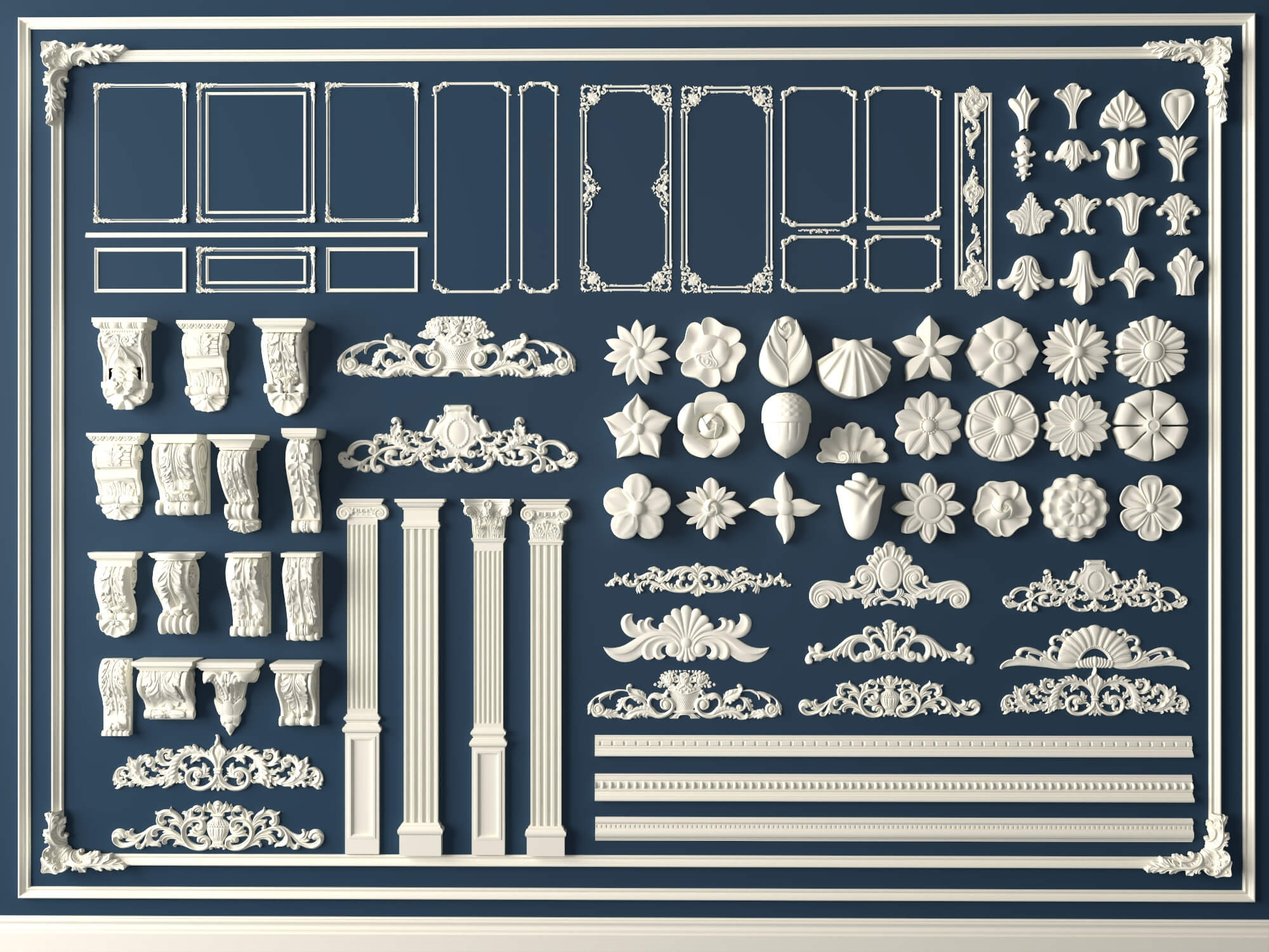 Plaster Frame Corbel and Floral Ornament Molding Set 3D Model