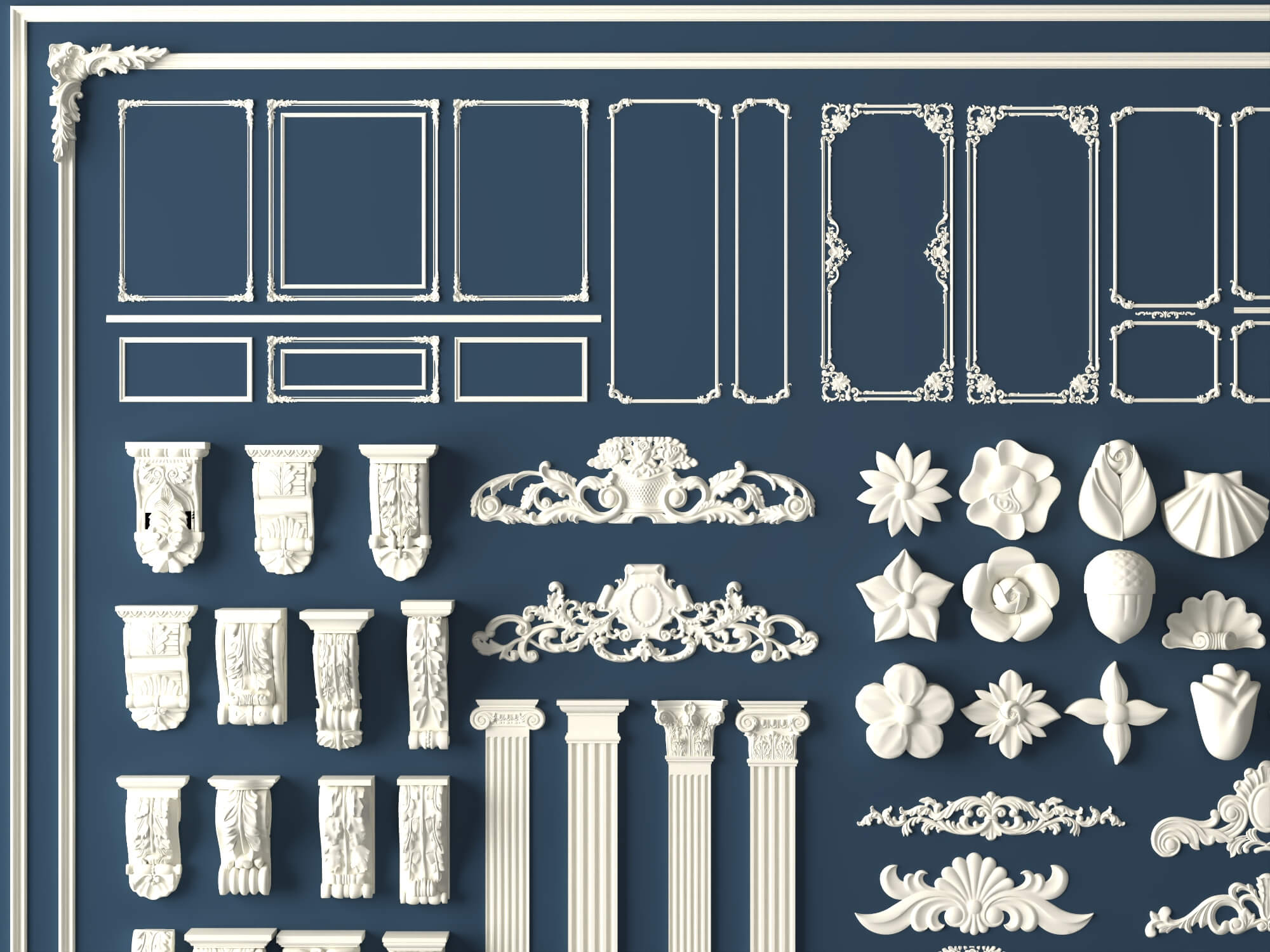 Plaster Frame Corbel and Floral Ornament Molding Set 3D Model