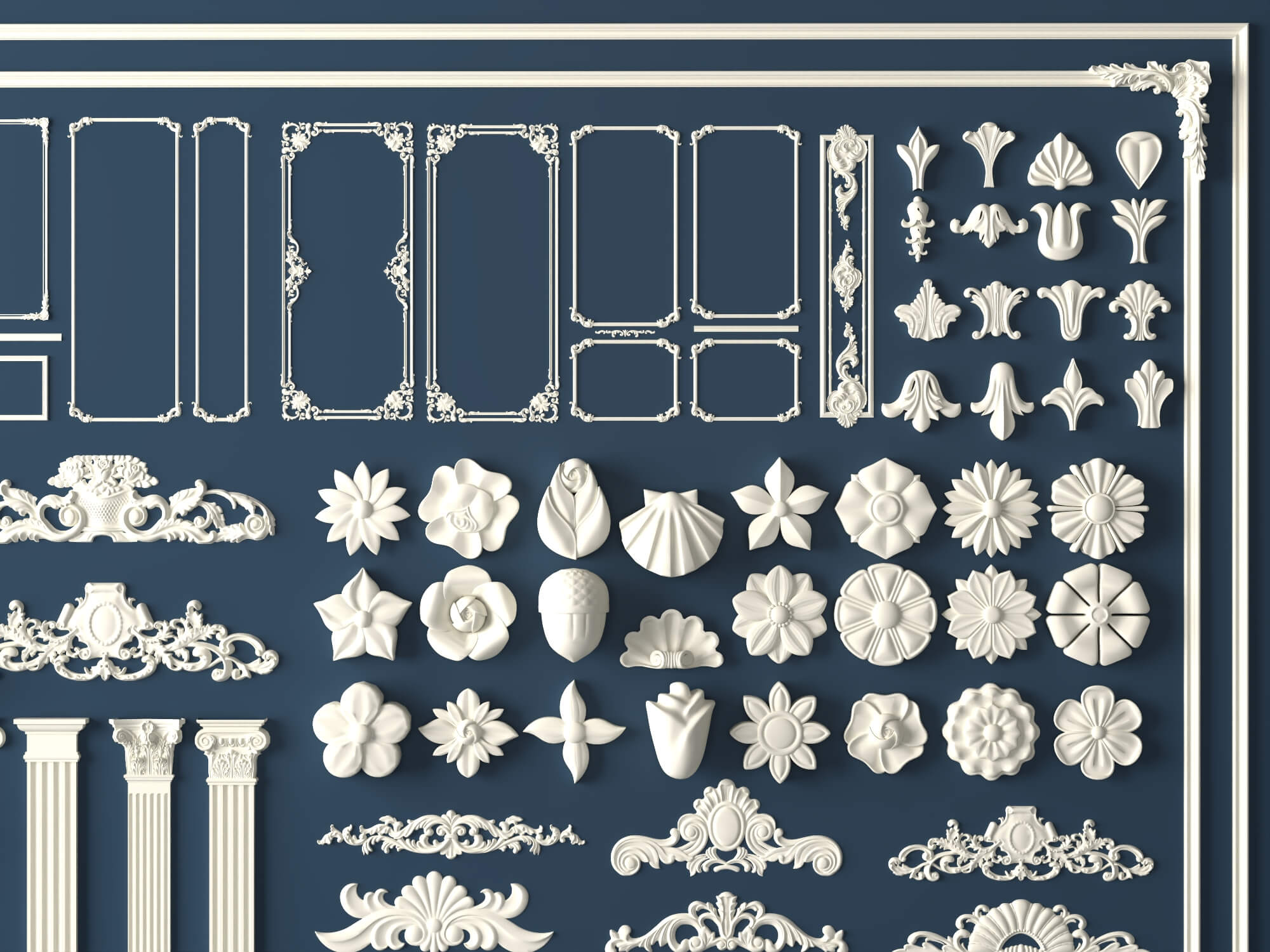 Plaster Frame Corbel and Floral Ornament Molding Set 3D Model