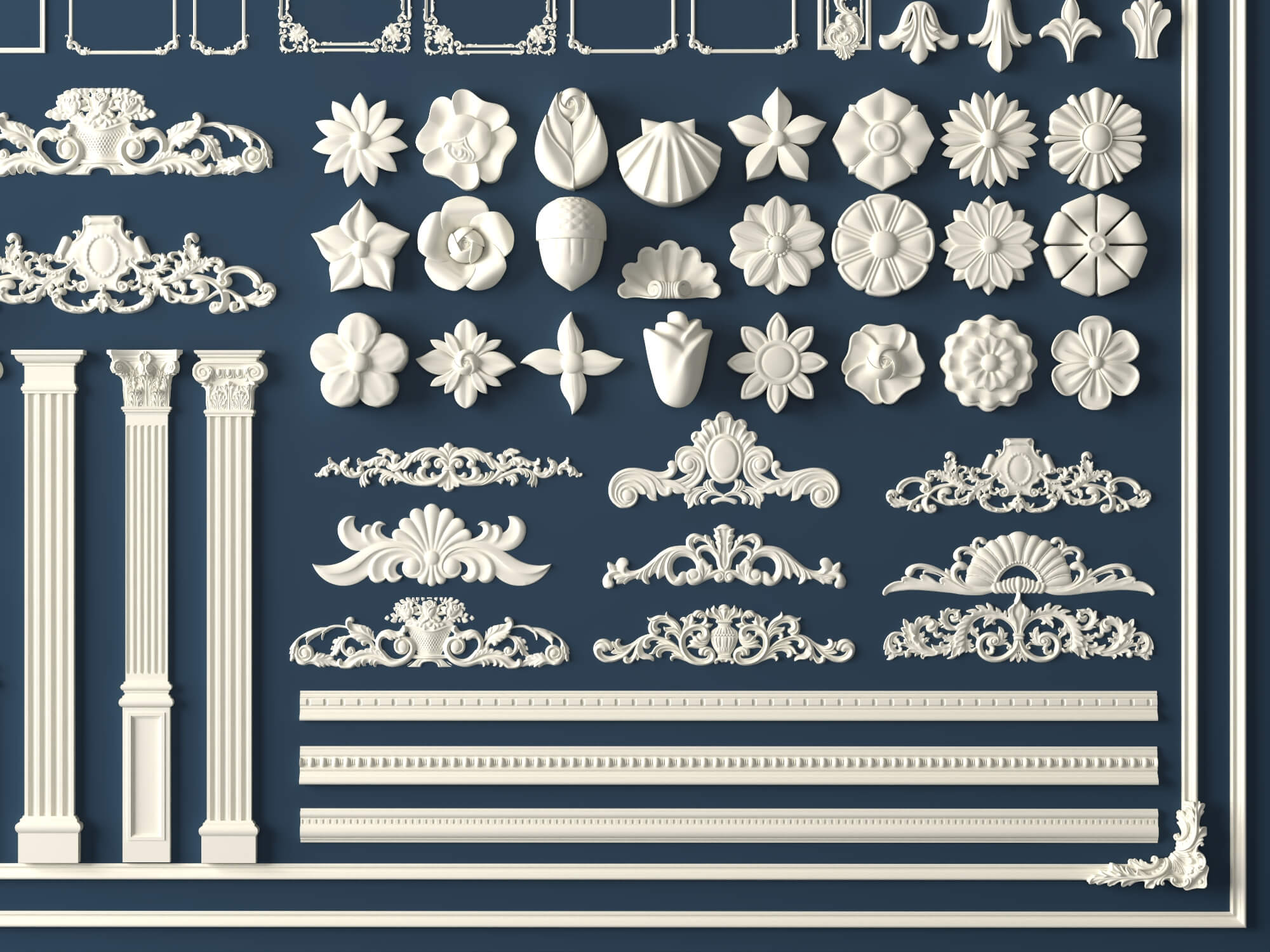 Plaster Frame Corbel and Floral Ornament Molding Set 3D Model