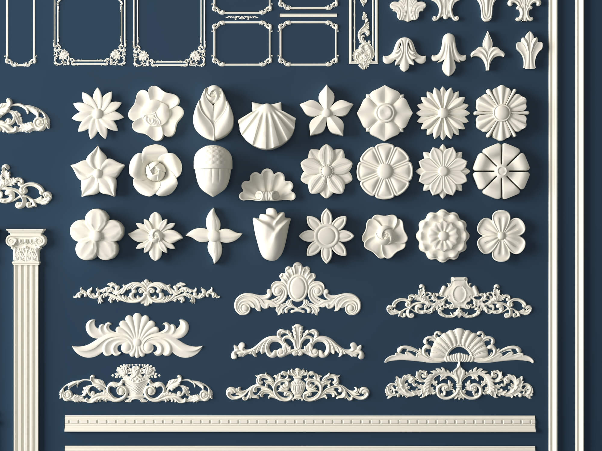 Plaster Frame Corbel and Floral Ornament Molding Set 3D Model