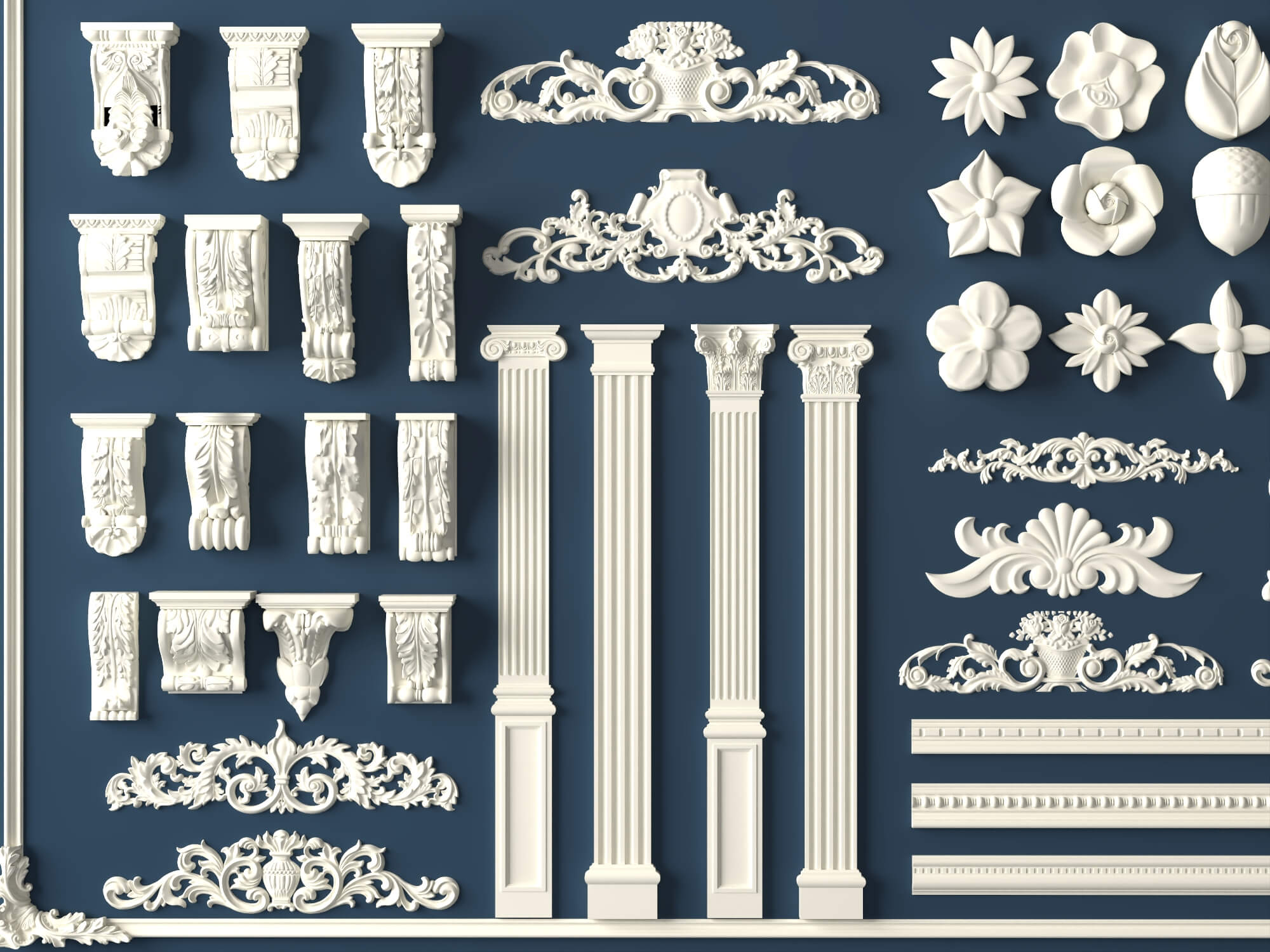 Plaster Frame Corbel and Floral Ornament Molding Set 3D Model